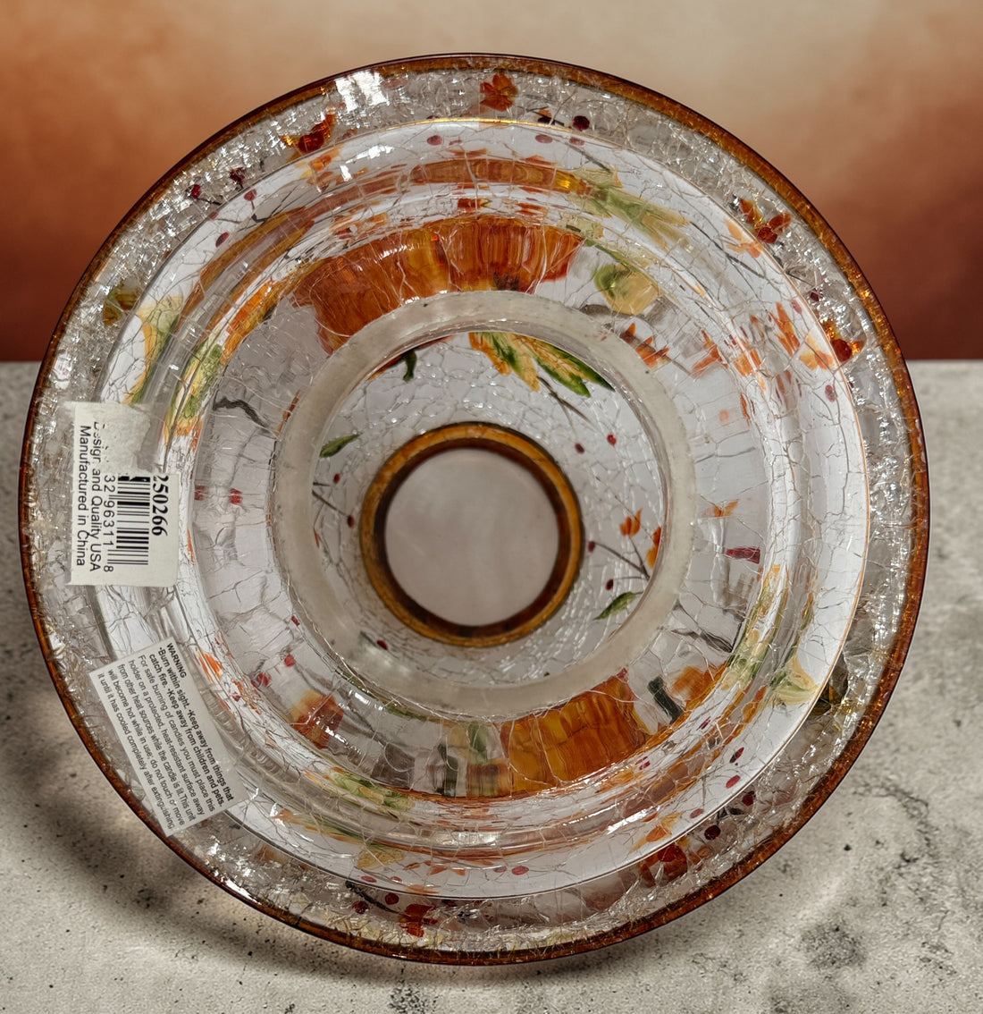 Vintage crackle glass light shade with pumpkin design and gold trim. Replacement fixture shade for chandelier or vanity lighting. Local pickup only.
