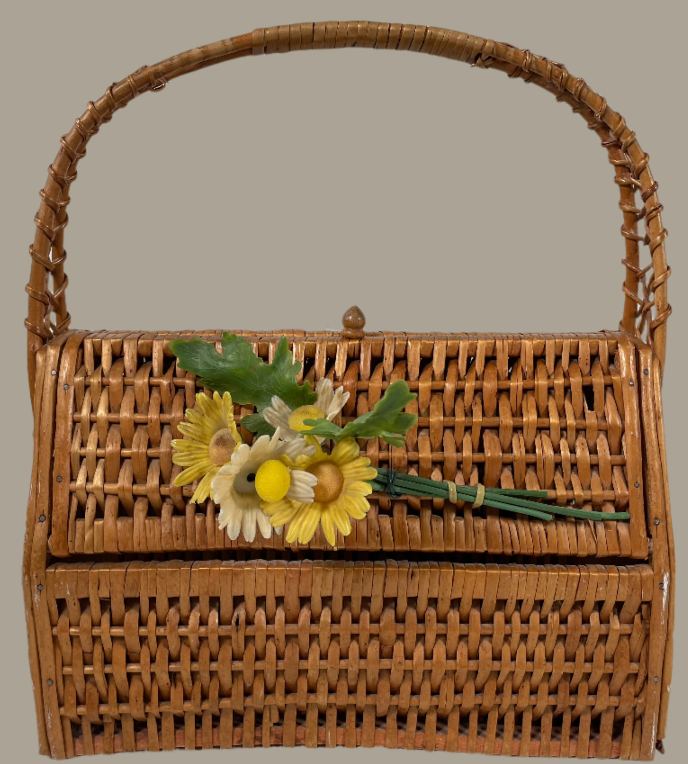 Collectible Wicker Basket Purse With Plastic Flowers Vintage 1970