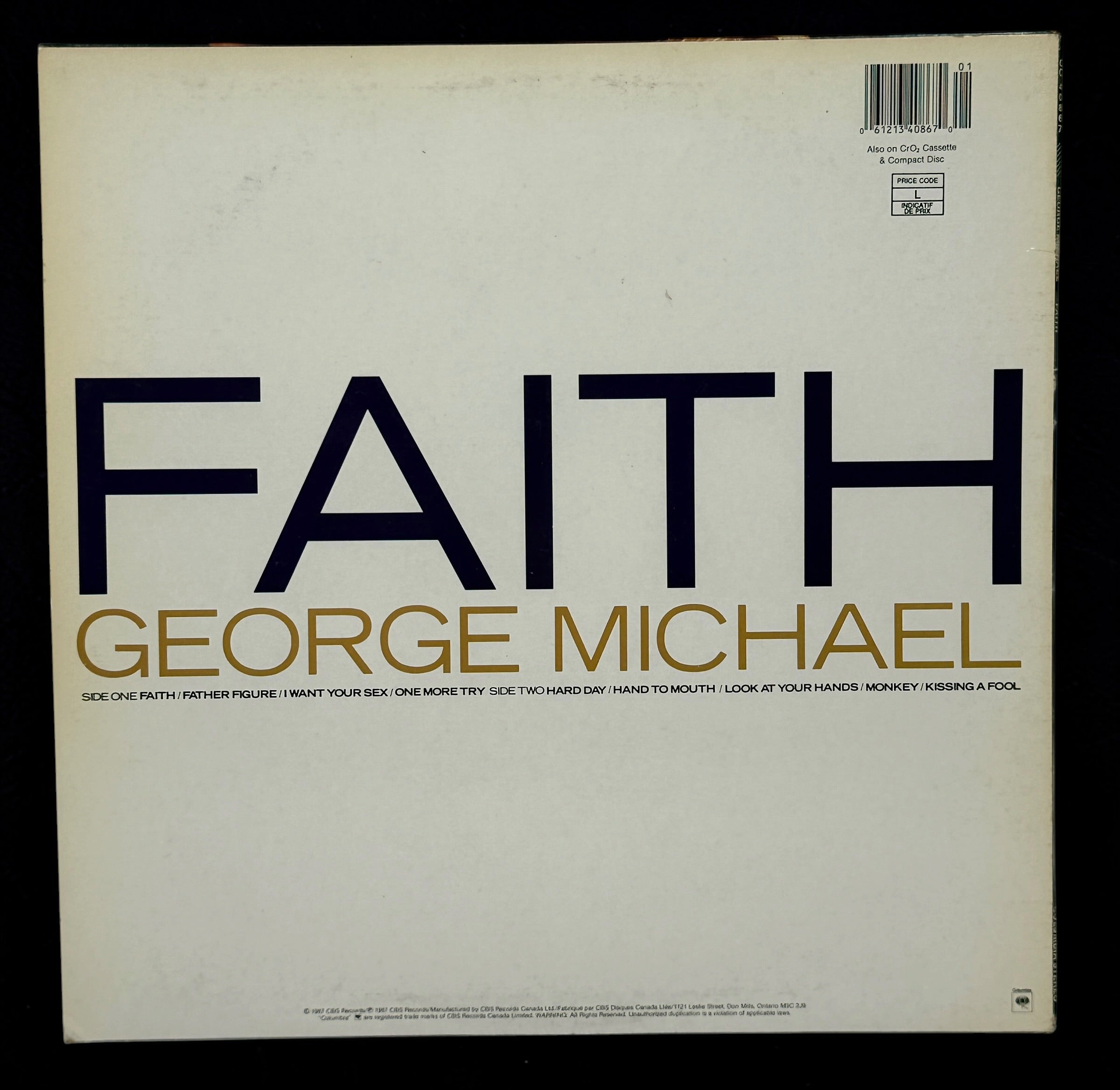 Original 1987 George Michael Faith vinyl LP CBS Canada pressing. Classic 80s pop album with iconic hits. Solid playable copy with light wear.