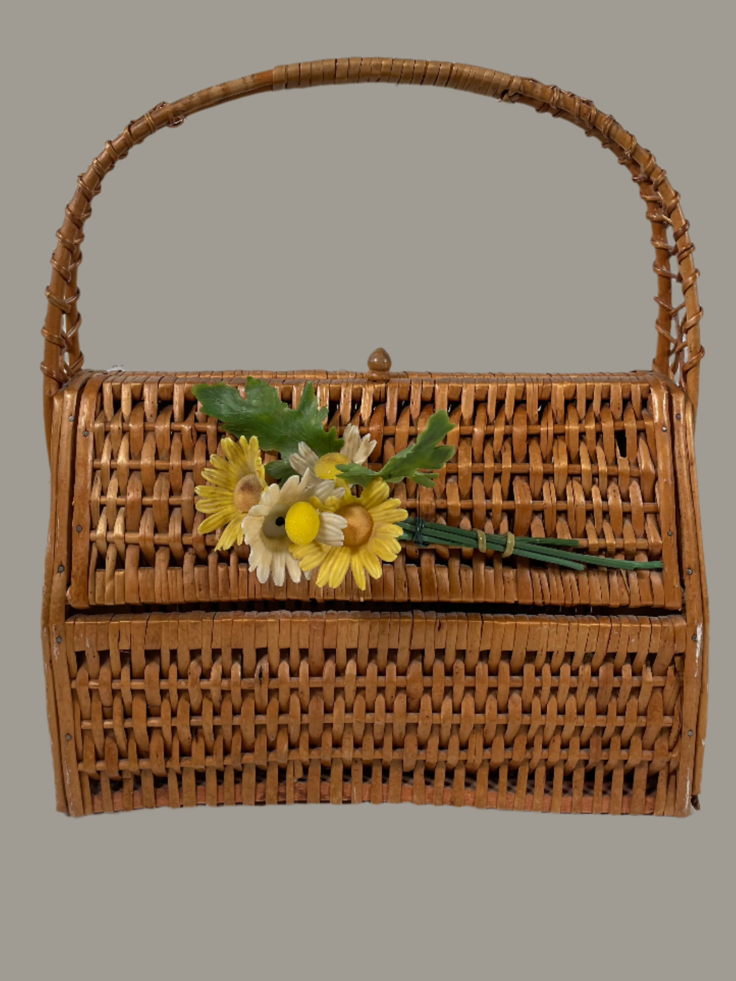 Collectible Wicker Basket Purse With Plastic Flowers Vintage 1970