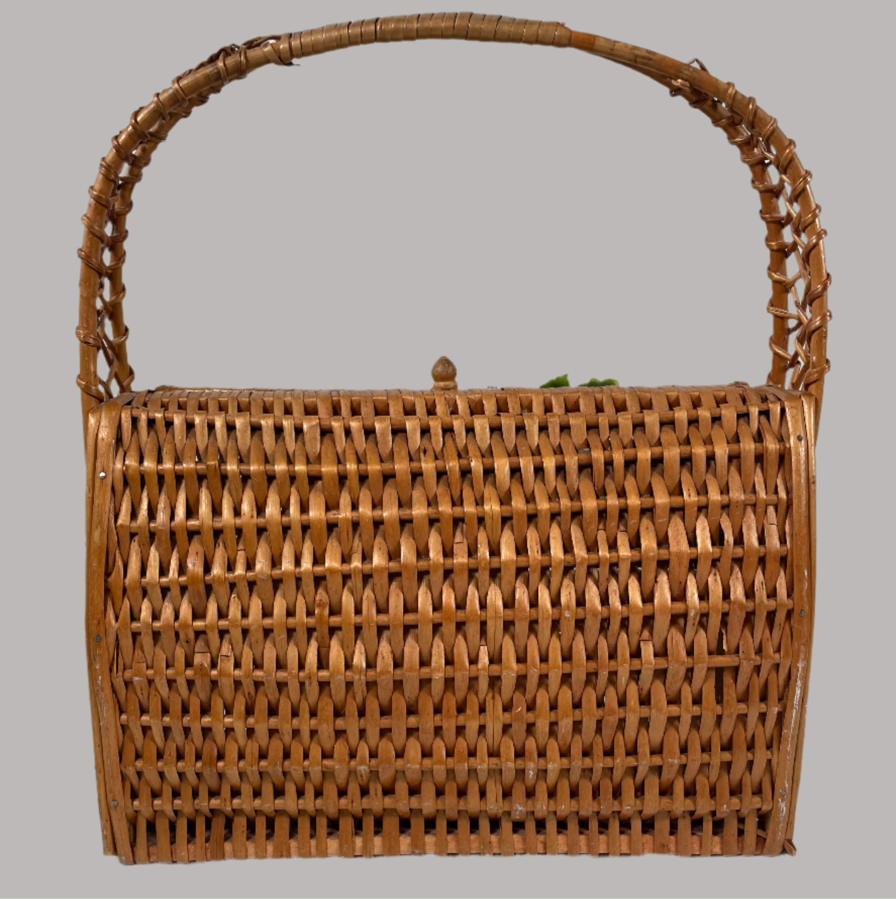 Collectible Wicker Basket Purse With Plastic Flowers Vintage 1970