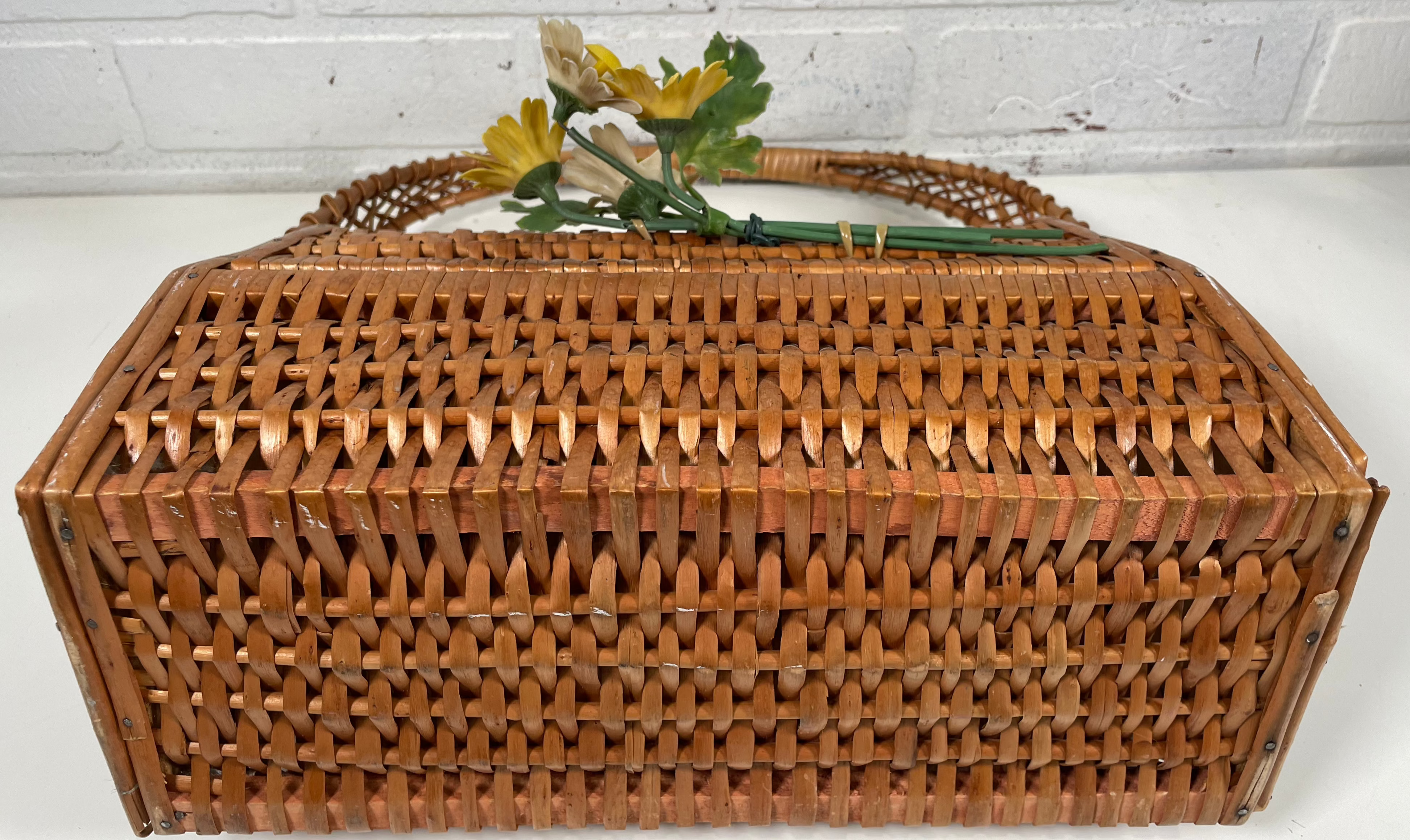 Collectible Wicker Basket Purse With Plastic Flowers Vintage 1970