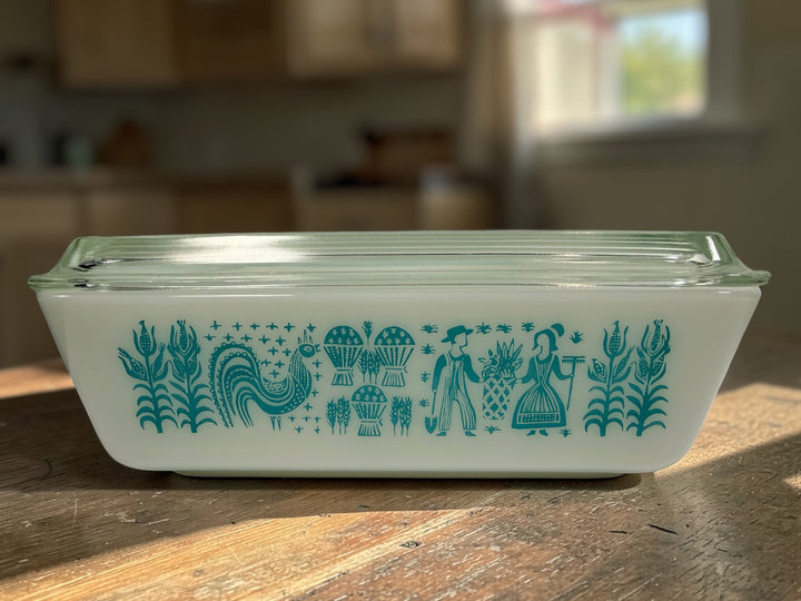 Vintage Pyrex 503 Butterprint refrigerator dish with lid. Turquoise Amish pattern milk glass container, mid century kitchen storage collectible.