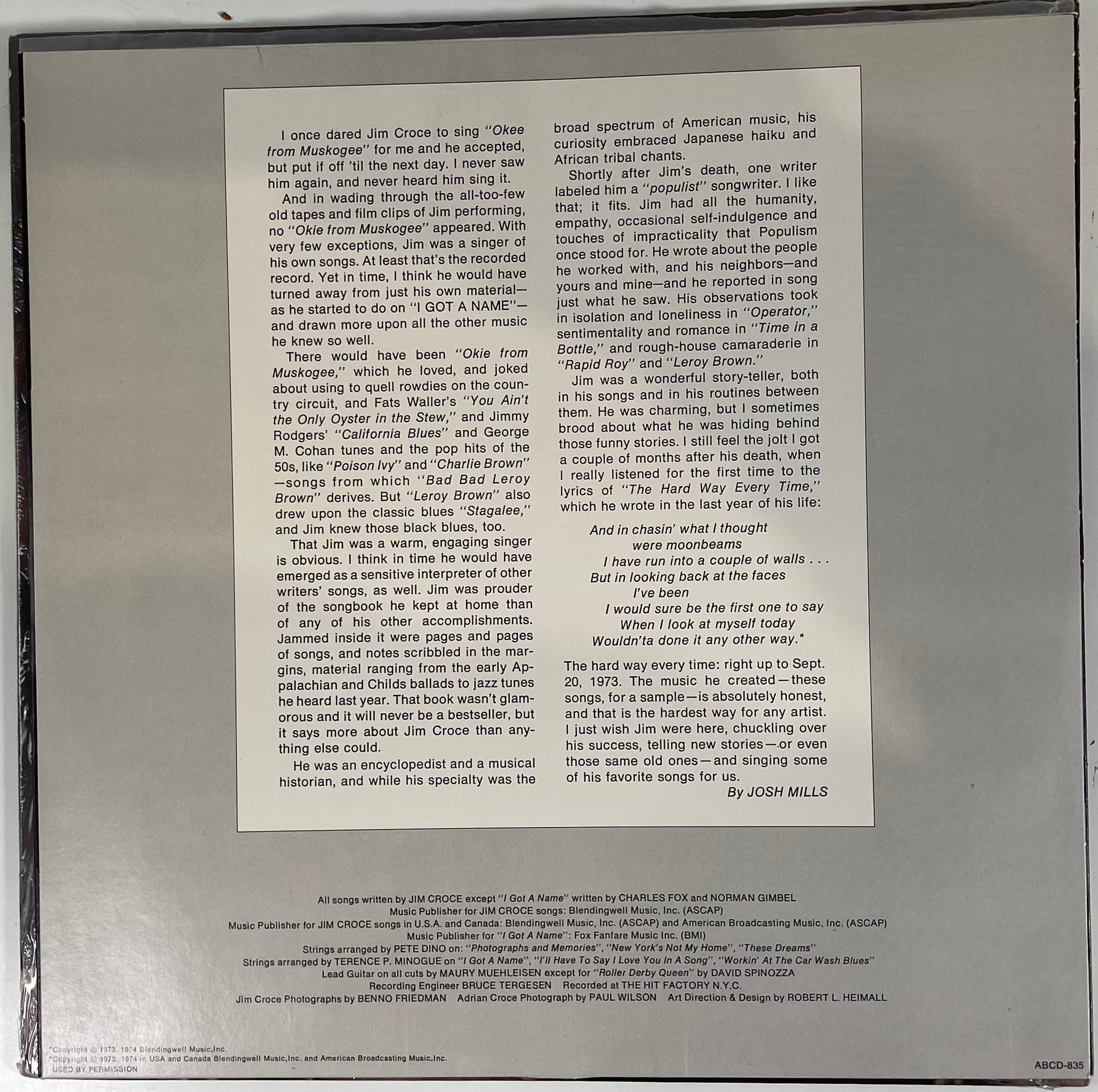 Jim Croce , Photographs & Memories: His Greatest Hits LP ABC RECORDS, 1974 M+M