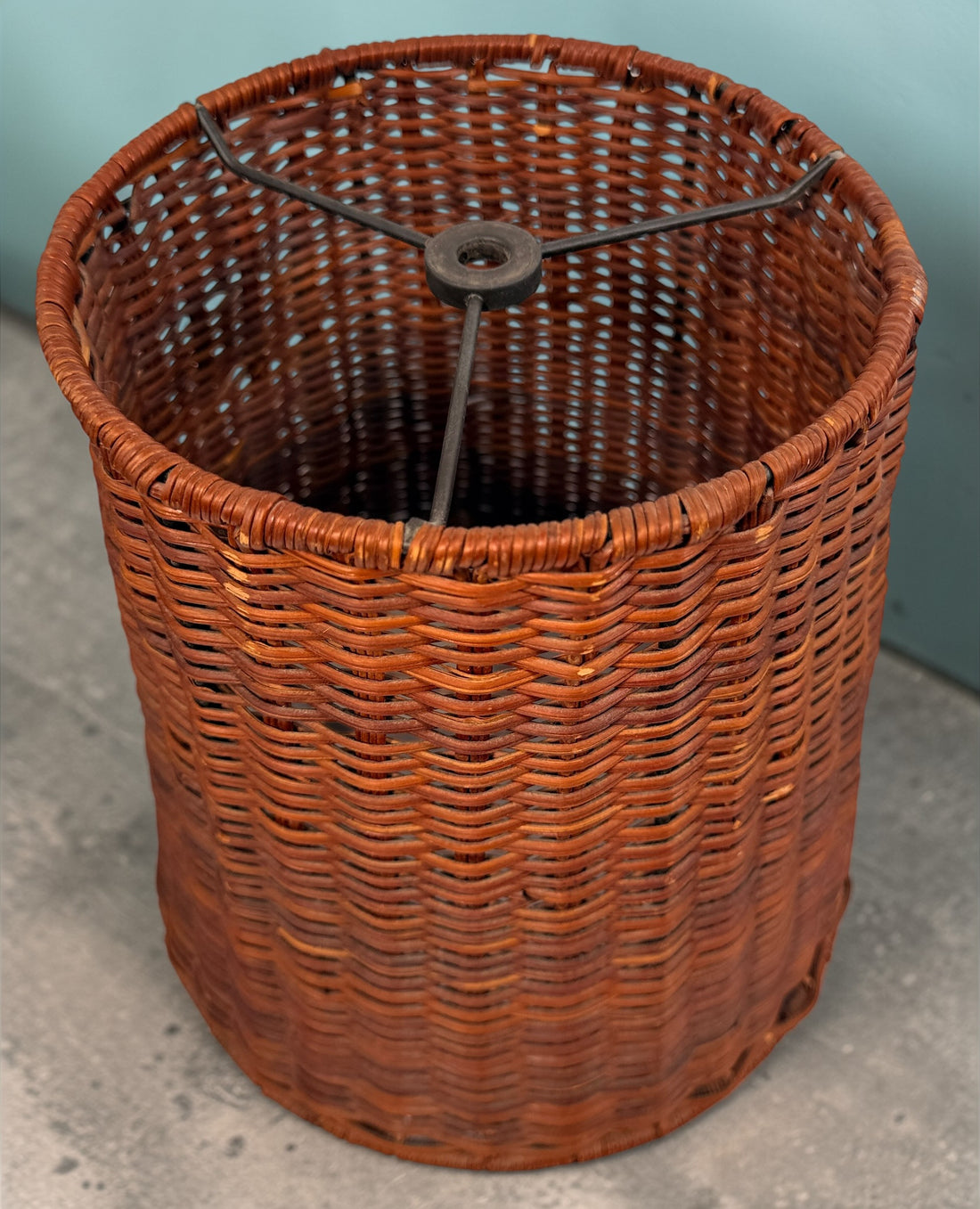 Pair of vintage rattan lamp shades in woven boho style. Drum shape with spider fitter, perfect for table or floor lamps and warm natural decor interiors.