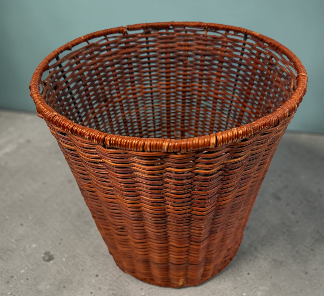 Pair of vintage rattan lamp shades in woven boho style. Drum shape with spider fitter, perfect for table or floor lamps and warm natural decor interiors.