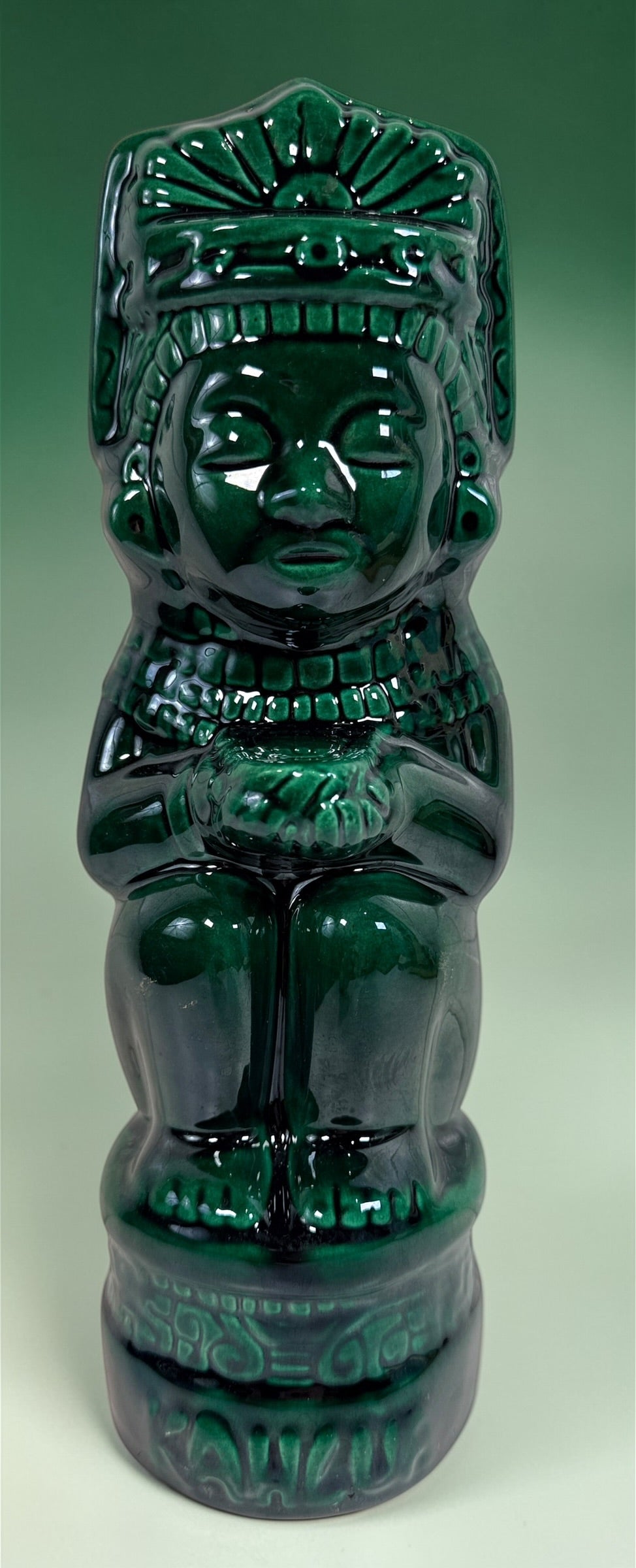 Vintage Kahlua Mexican ceramic figure by LUXO in emerald green glaze. Large Aztec style bar display statue, bold decorative collectible in very good condition.