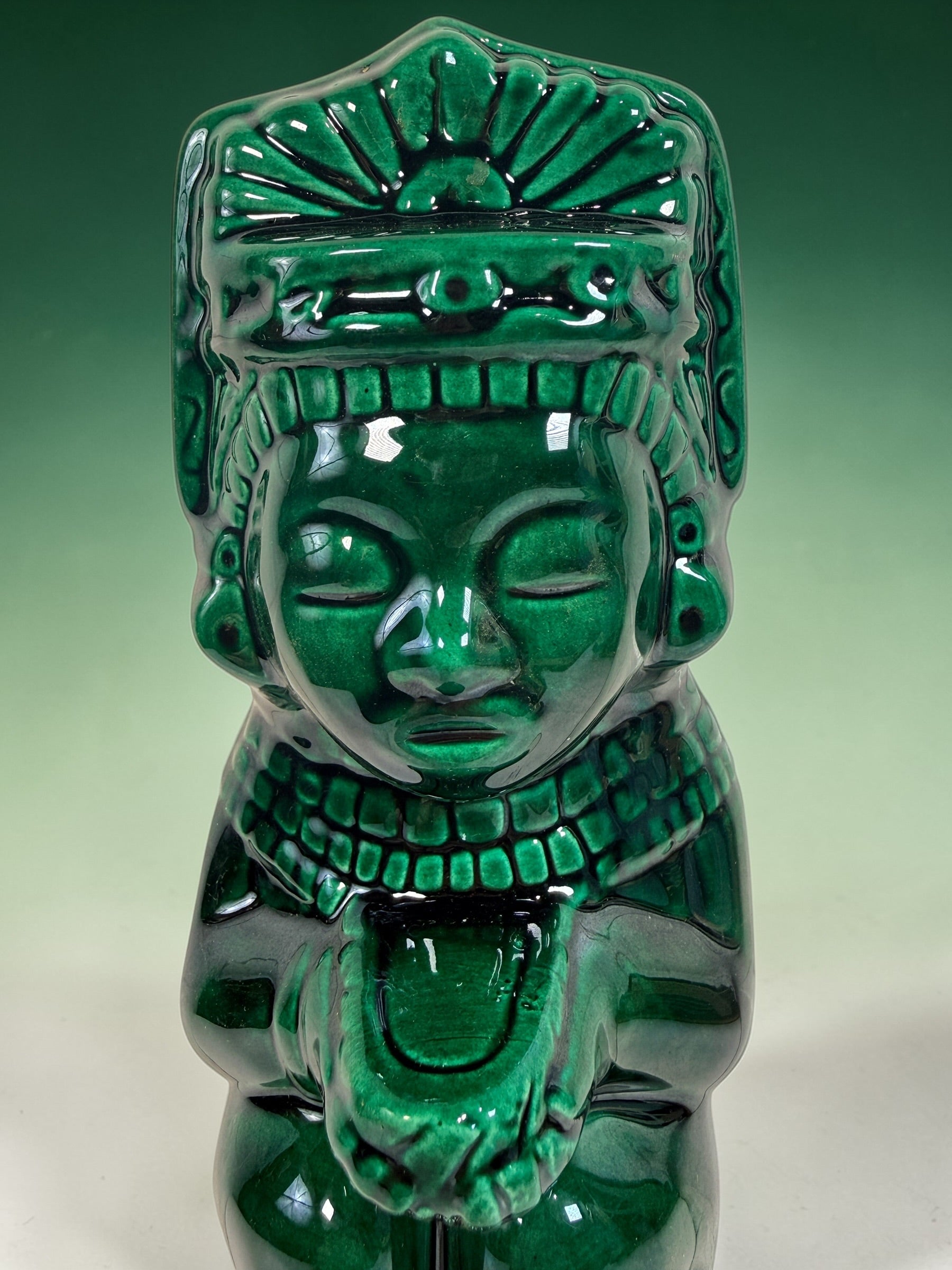 Vintage Kahlua Mexican ceramic figure by LUXO in emerald green glaze. Large Aztec style bar display statue, bold decorative collectible in very good condition.