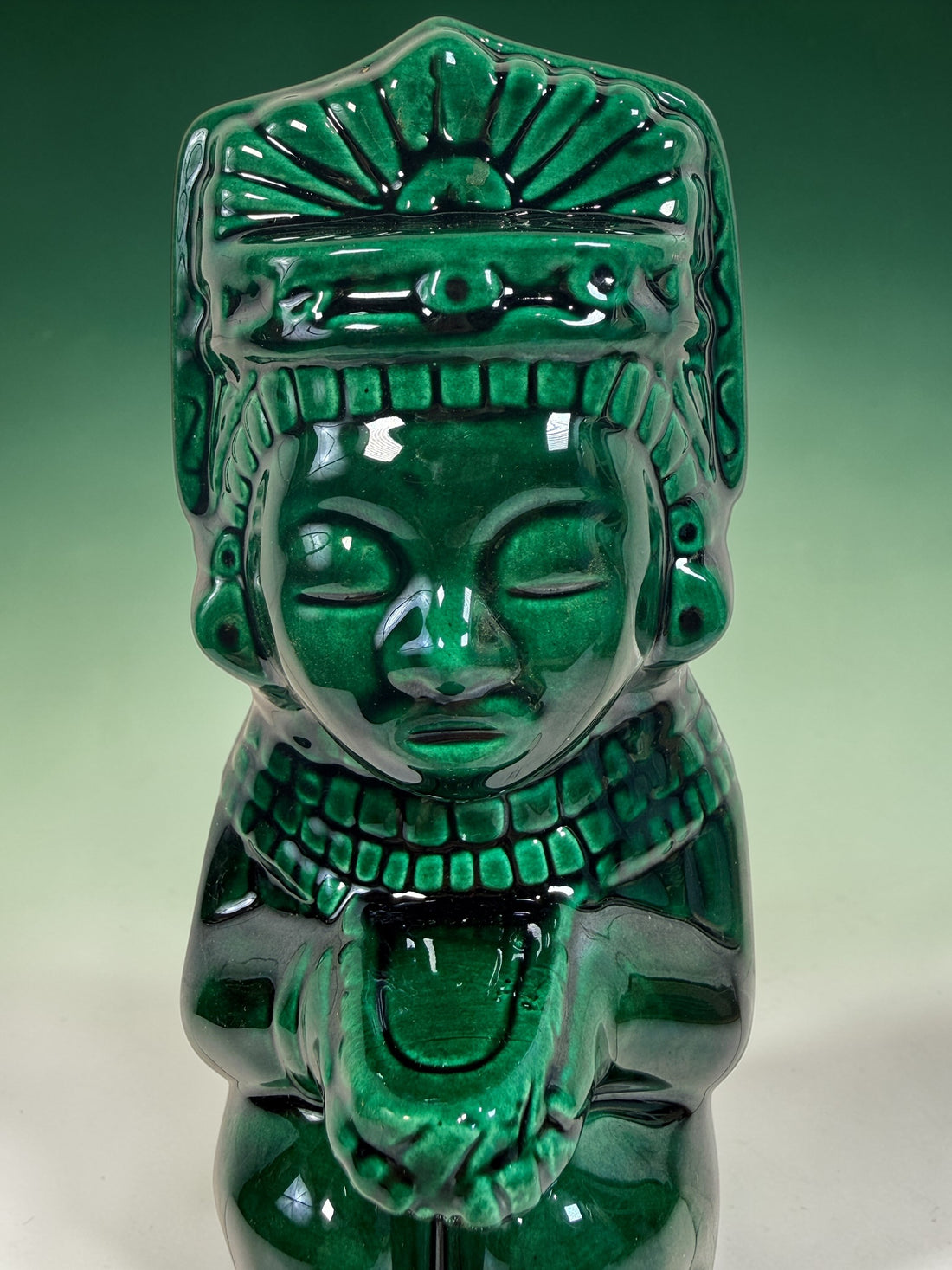 Vintage Kahlua Mexican ceramic figure by LUXO in emerald green glaze. Large Aztec style bar display statue, bold decorative collectible in very good condition.