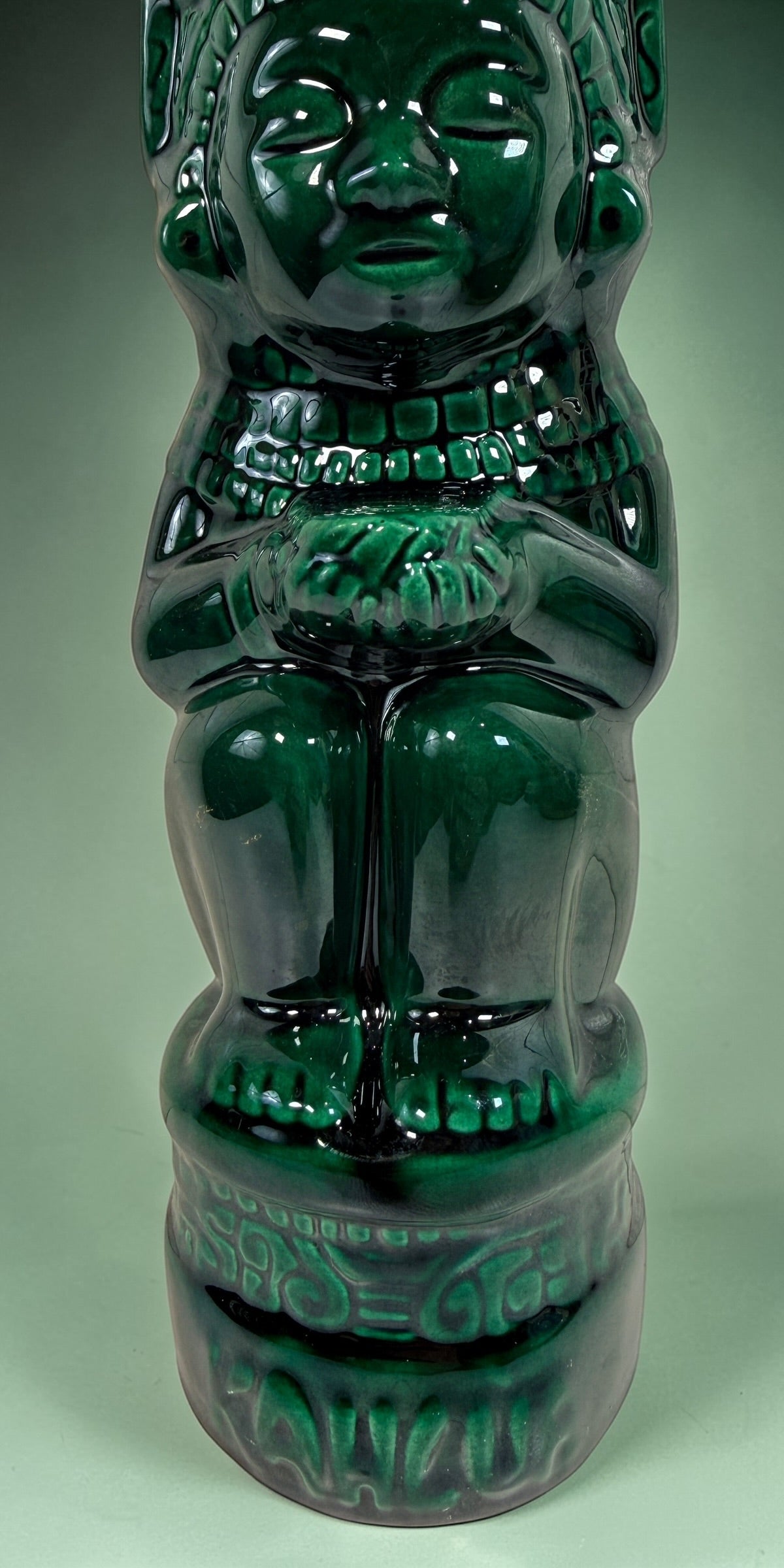 Vintage Kahlua Mexican ceramic figure by LUXO in emerald green glaze. Large Aztec style bar display statue, bold decorative collectible in very good condition.