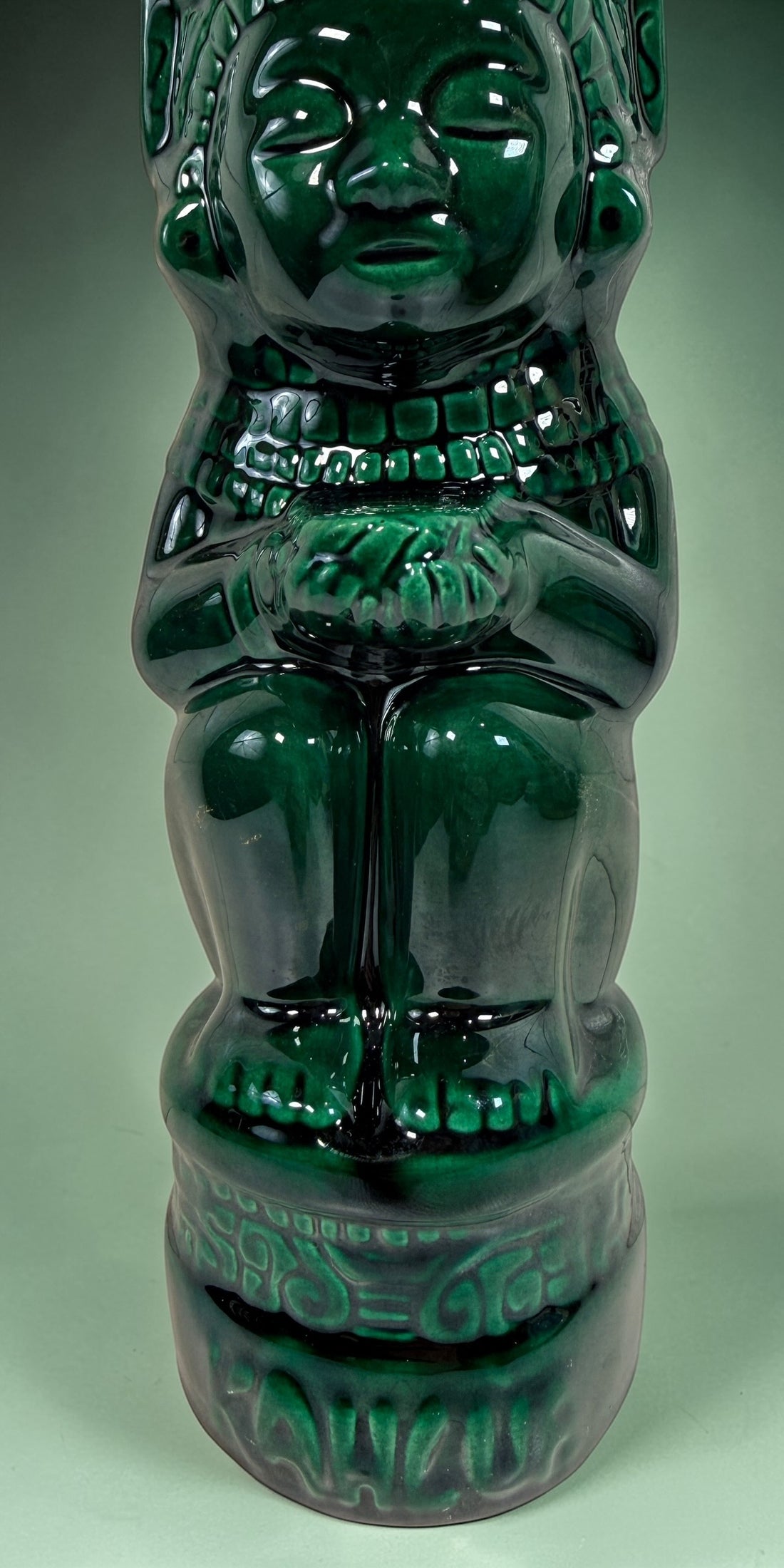 Vintage Kahlua Mexican ceramic figure by LUXO in emerald green glaze. Large Aztec style bar display statue, bold decorative collectible in very good condition.