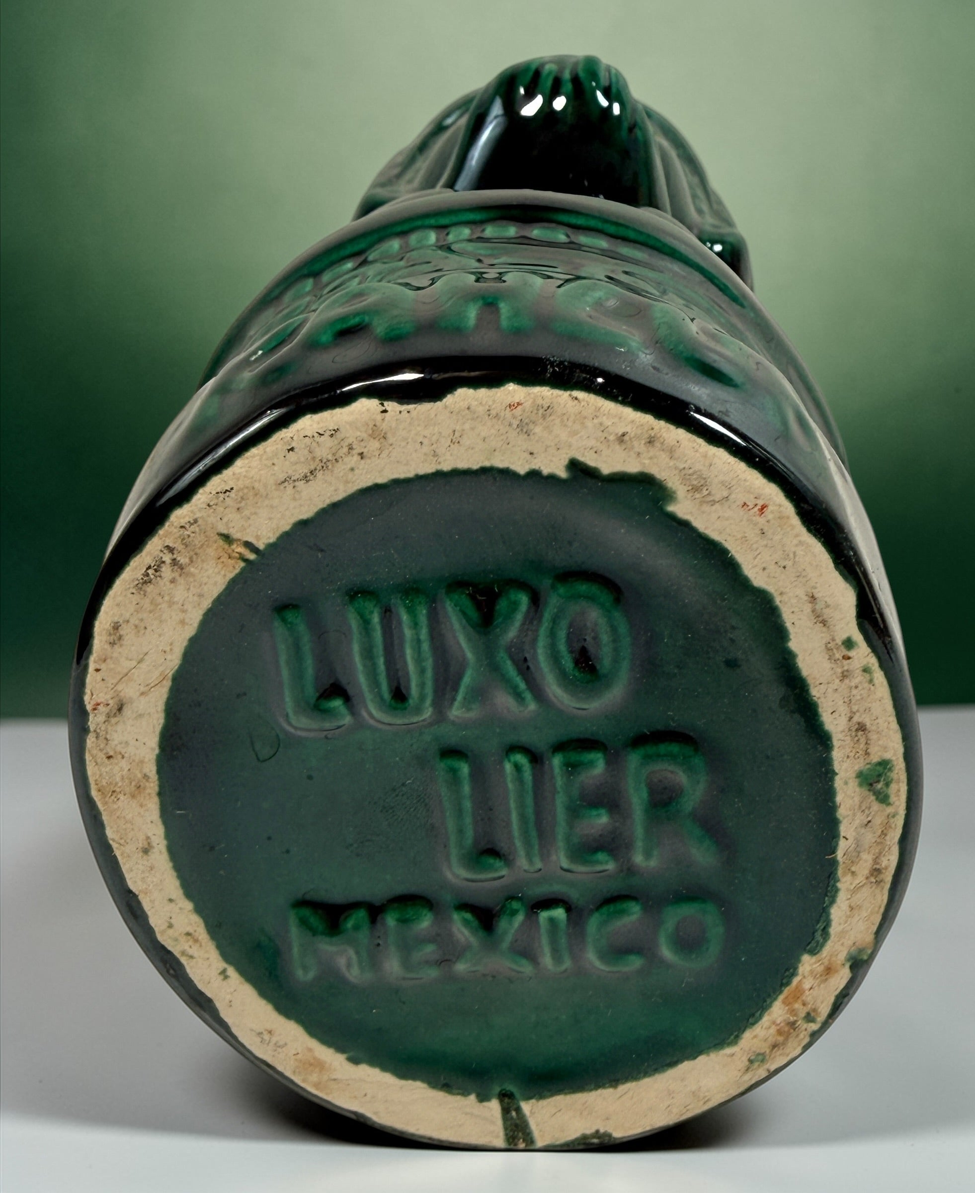 Vintage Kahlua Mexican ceramic figure by LUXO in emerald green glaze. Large Aztec style bar display statue, bold decorative collectible in very good condition.