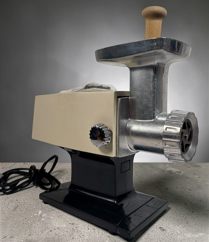 Vintage Rival electric meat grinder, tested working with metal tray and wood pusher. Classic retro kitchen appliance for home grinding and food prep.