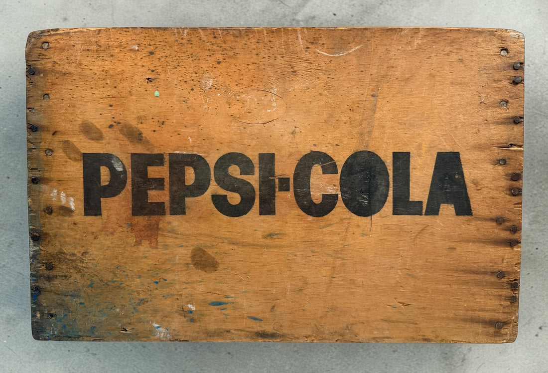 Vintage Pepsi-Cola wooden crate from Canada with classic stencil branding. Rustic decor piece perfect for storage or display in farmhouse or vintage spaces.
