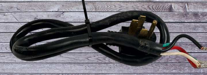 Used 4-prong stove power cord NEMA 14-50 heavy duty 240V range cable with ring terminals. Ideal for replacement or repair applications.