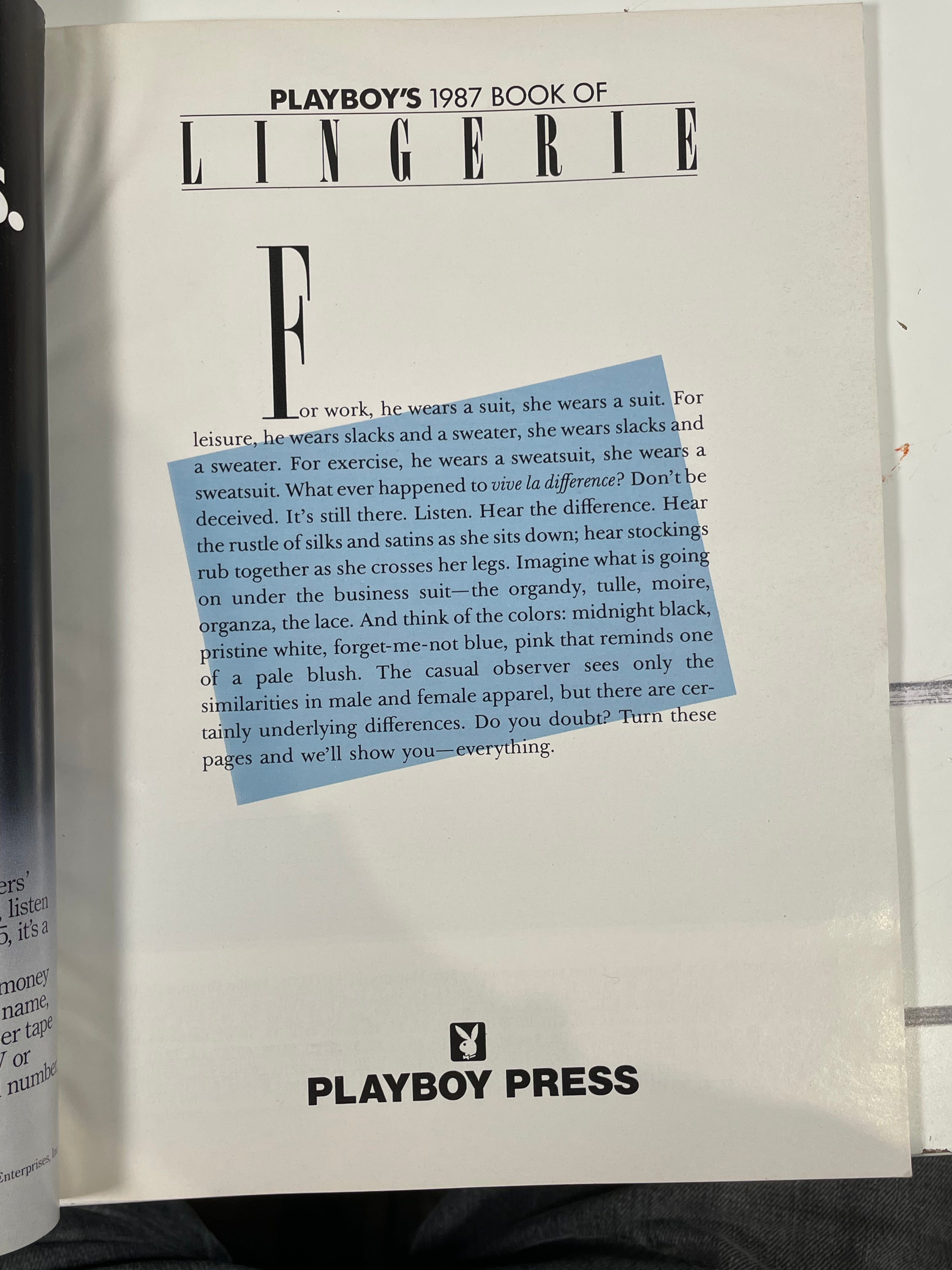 Playboy's 1987 Book of Lingerie The High Art of Dressing Down, NM