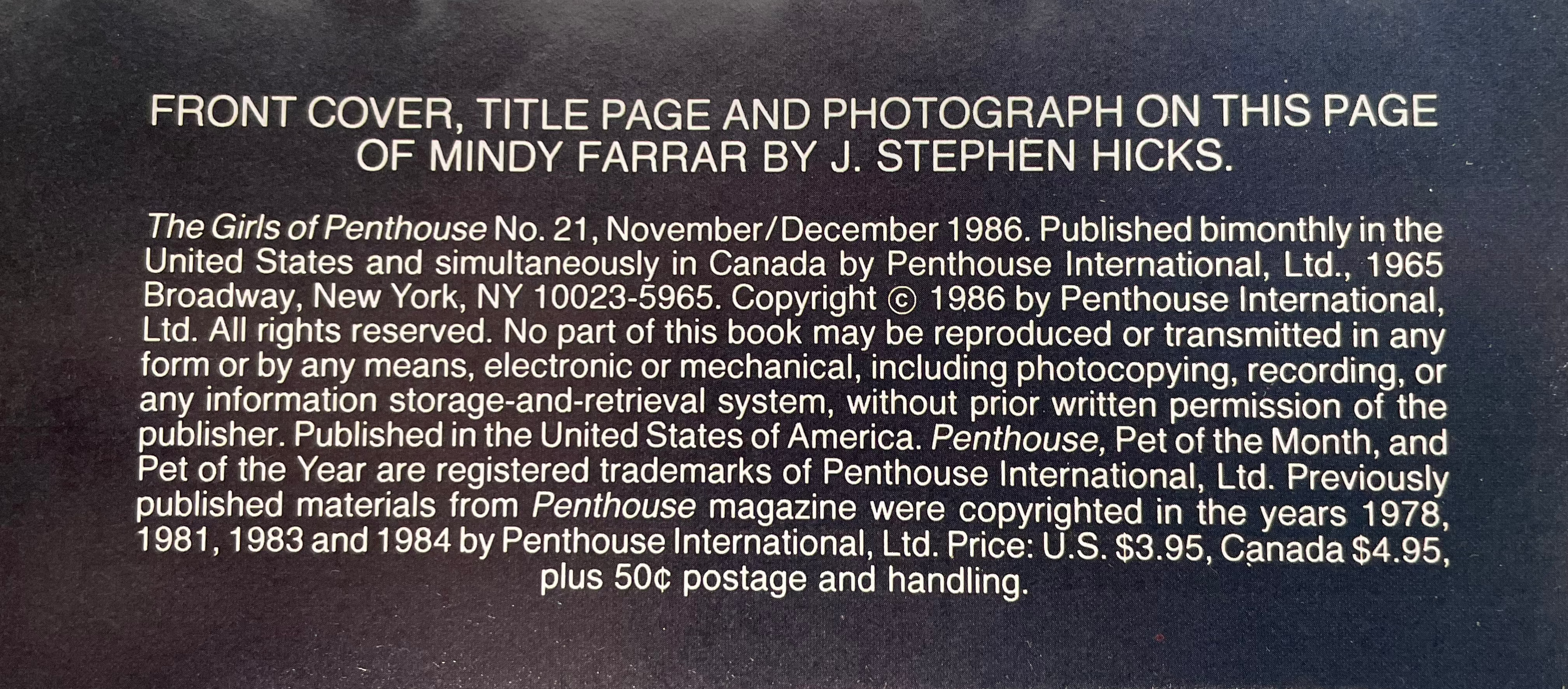 Magazine Girls Of PENTHOUSE, novembre - décembre 1986, très bon état, pli au dos