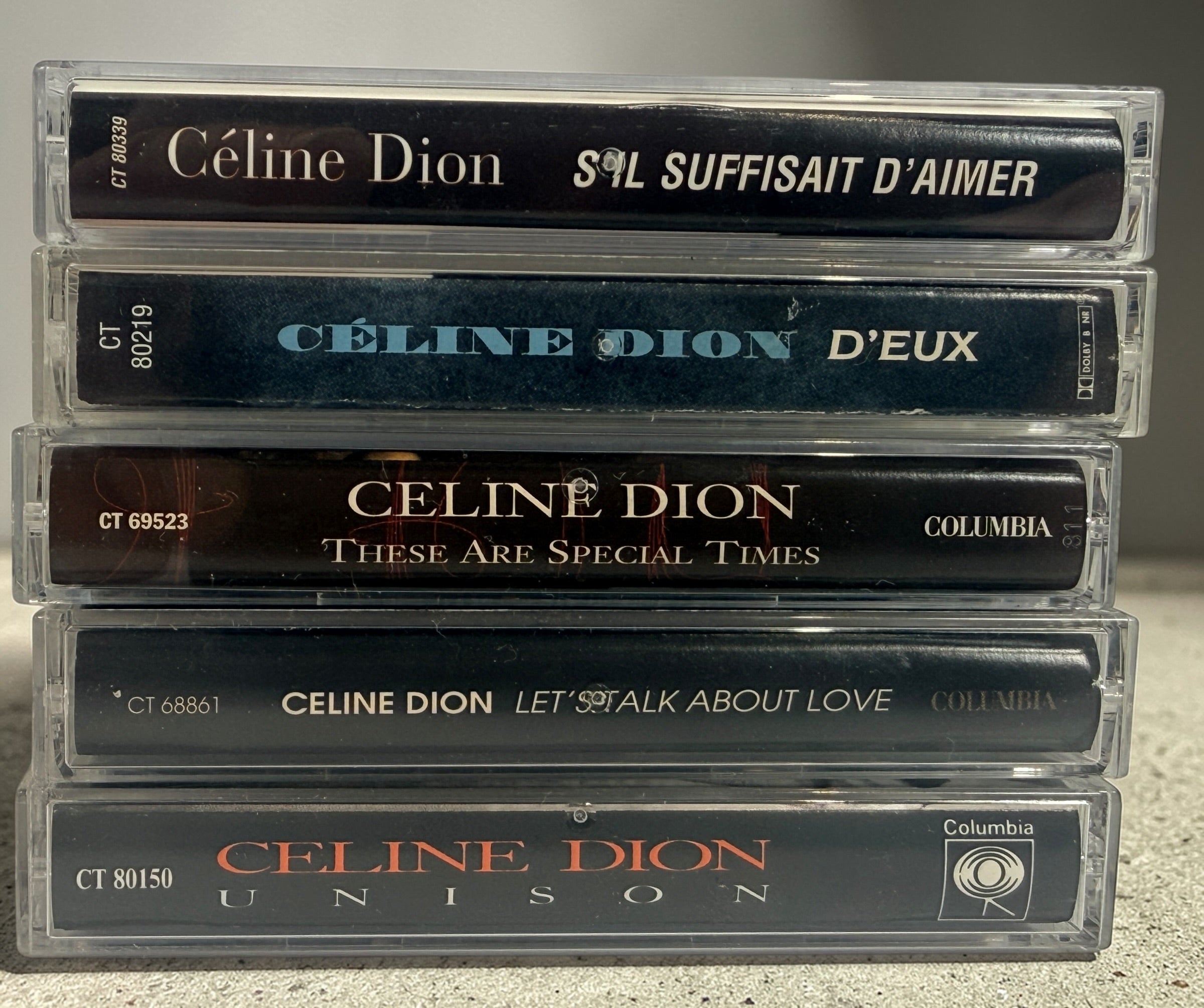 Vintage Celine Dion cassette lot with 5 classic 1990s albums including D’eux and Let’s Talk About Love. Original tapes complete with cases and inserts.