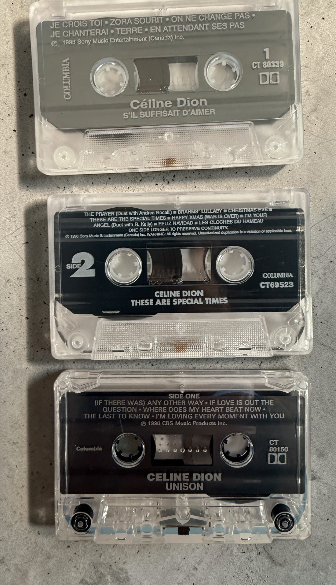 Vintage Celine Dion cassette lot with 5 classic 1990s albums including D’eux and Let’s Talk About Love. Original tapes complete with cases and inserts.