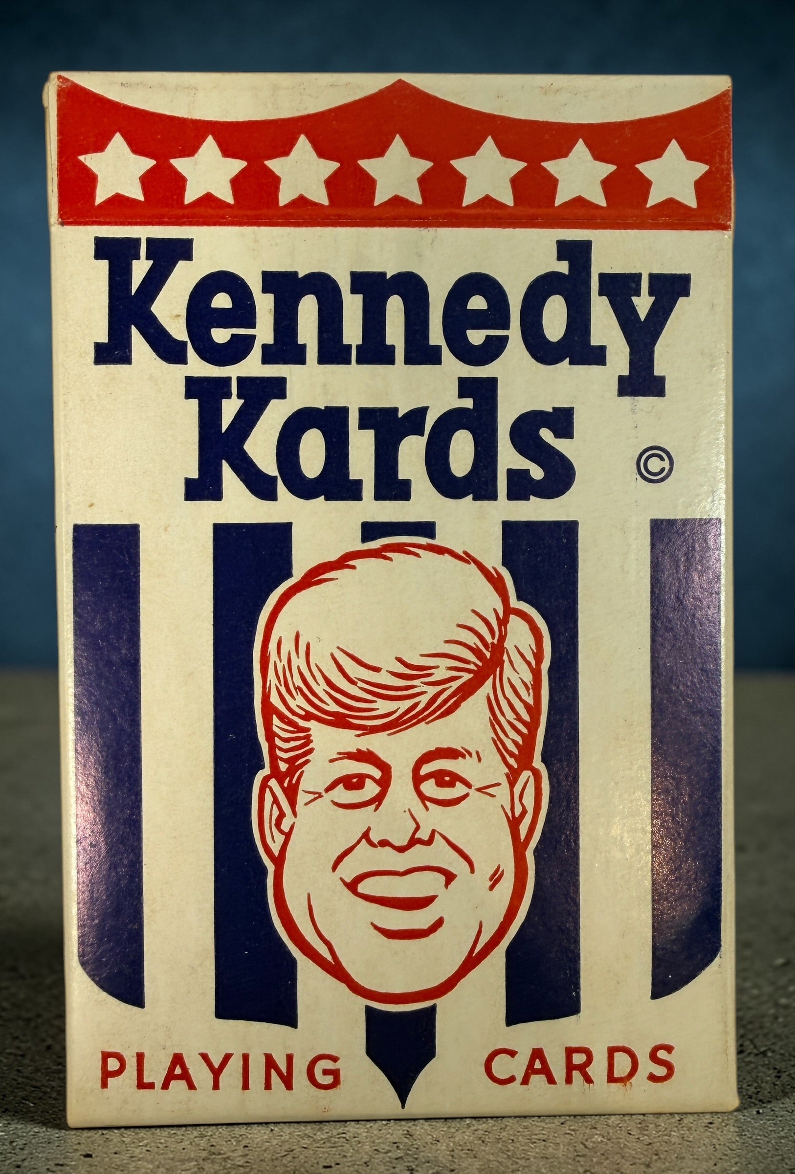 Vintage Kennedy Kards playing card deck from the 1960s featuring JFK caricatures. Complete set with original box, collectible political memorabilia
