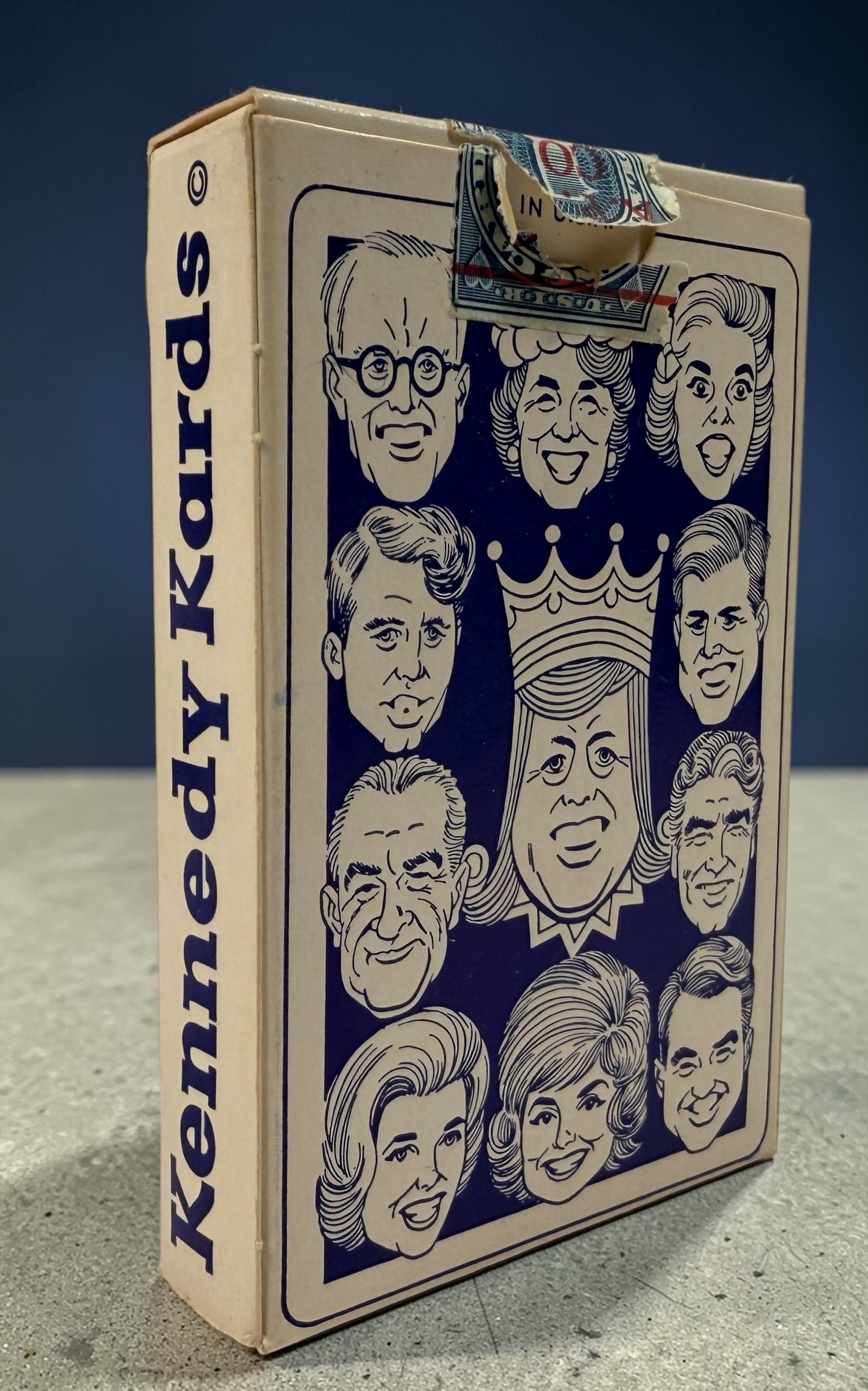 Vintage Kennedy Kards playing card deck from the 1960s featuring JFK caricatures. Complete set with original box, collectible political memorabilia