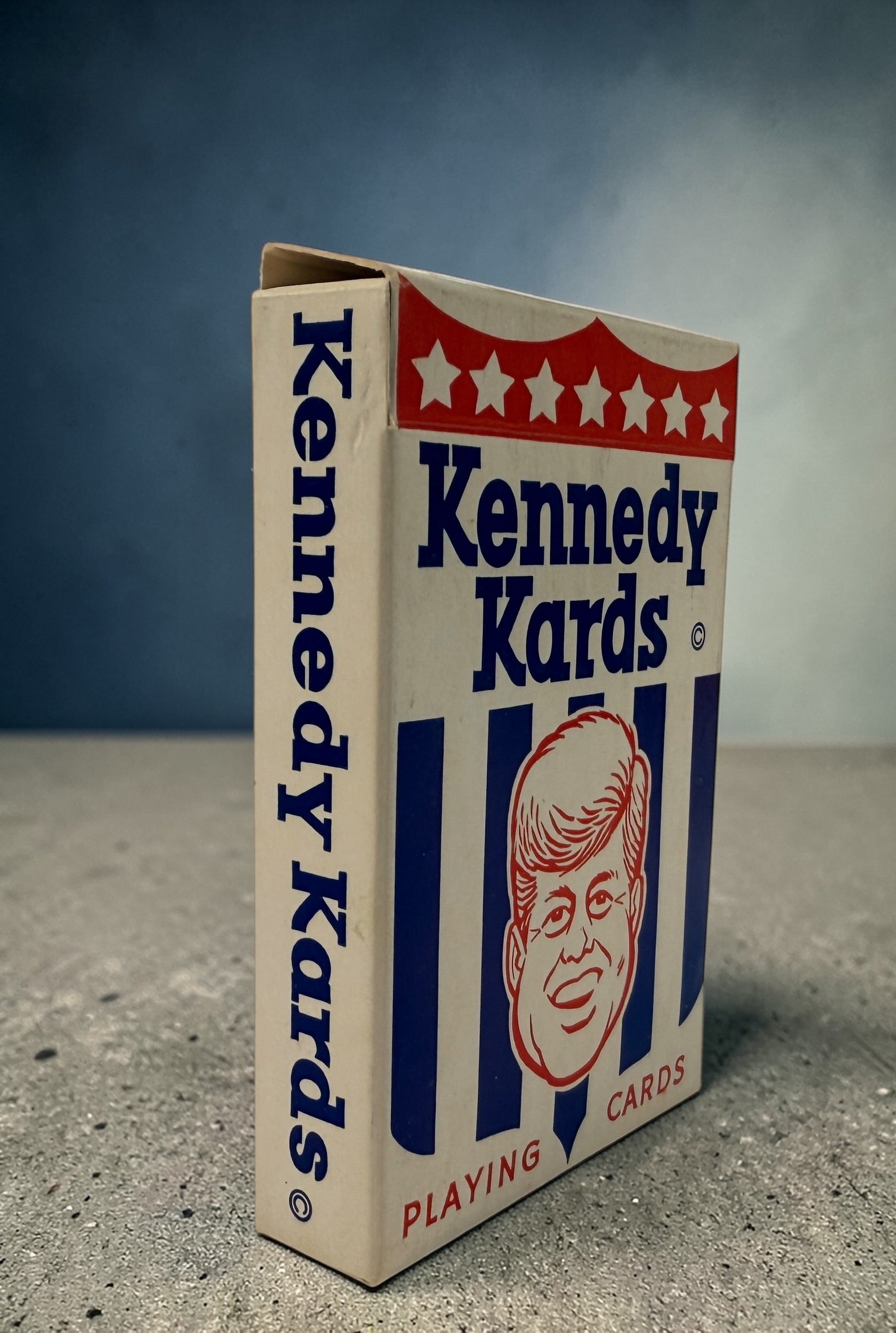 Vintage Kennedy Kards playing card deck from the 1960s featuring JFK caricatures. Complete set with original box, collectible political memorabilia
