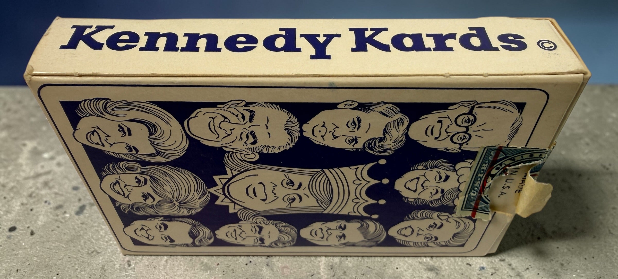 Vintage Kennedy Kards playing card deck from the 1960s featuring JFK caricatures. Complete set with original box, collectible political memorabilia