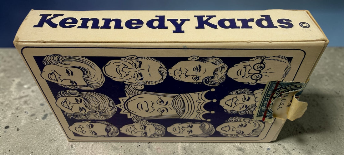 Vintage Kennedy Kards playing card deck from the 1960s featuring JFK caricatures. Complete set with original box, collectible political memorabilia