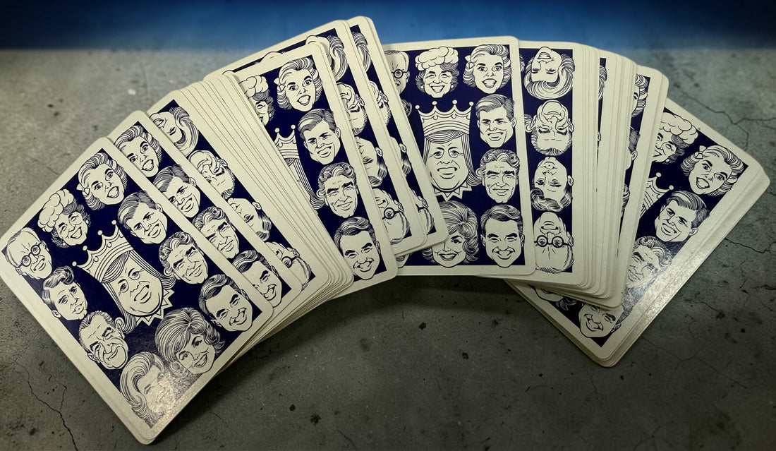 Vintage Kennedy Kards playing card deck from the 1960s featuring JFK caricatures. Complete set with original box, collectible political memorabilia