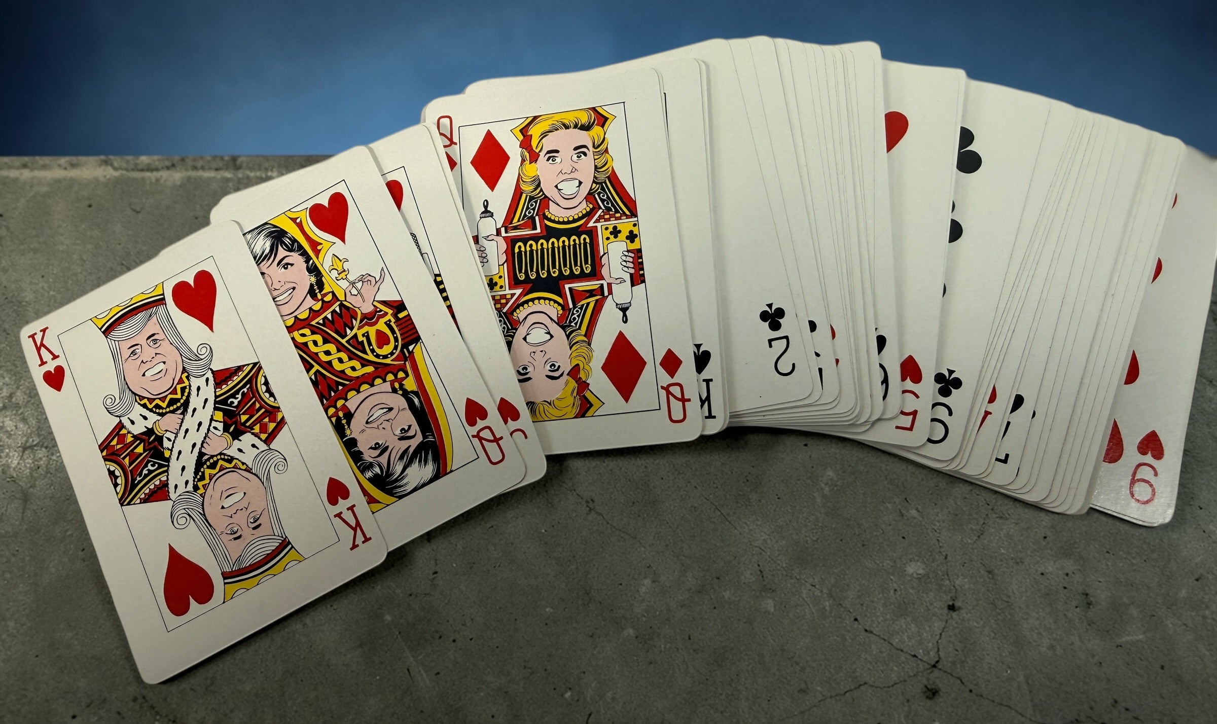 Vintage Kennedy Kards playing card deck from the 1960s featuring JFK caricatures. Complete set with original box, collectible political memorabilia