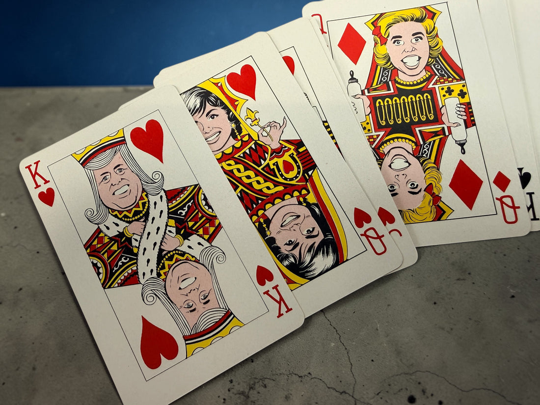 Vintage Kennedy Kards playing card deck from the 1960s featuring JFK caricatures. Complete set with original box, collectible political memorabilia