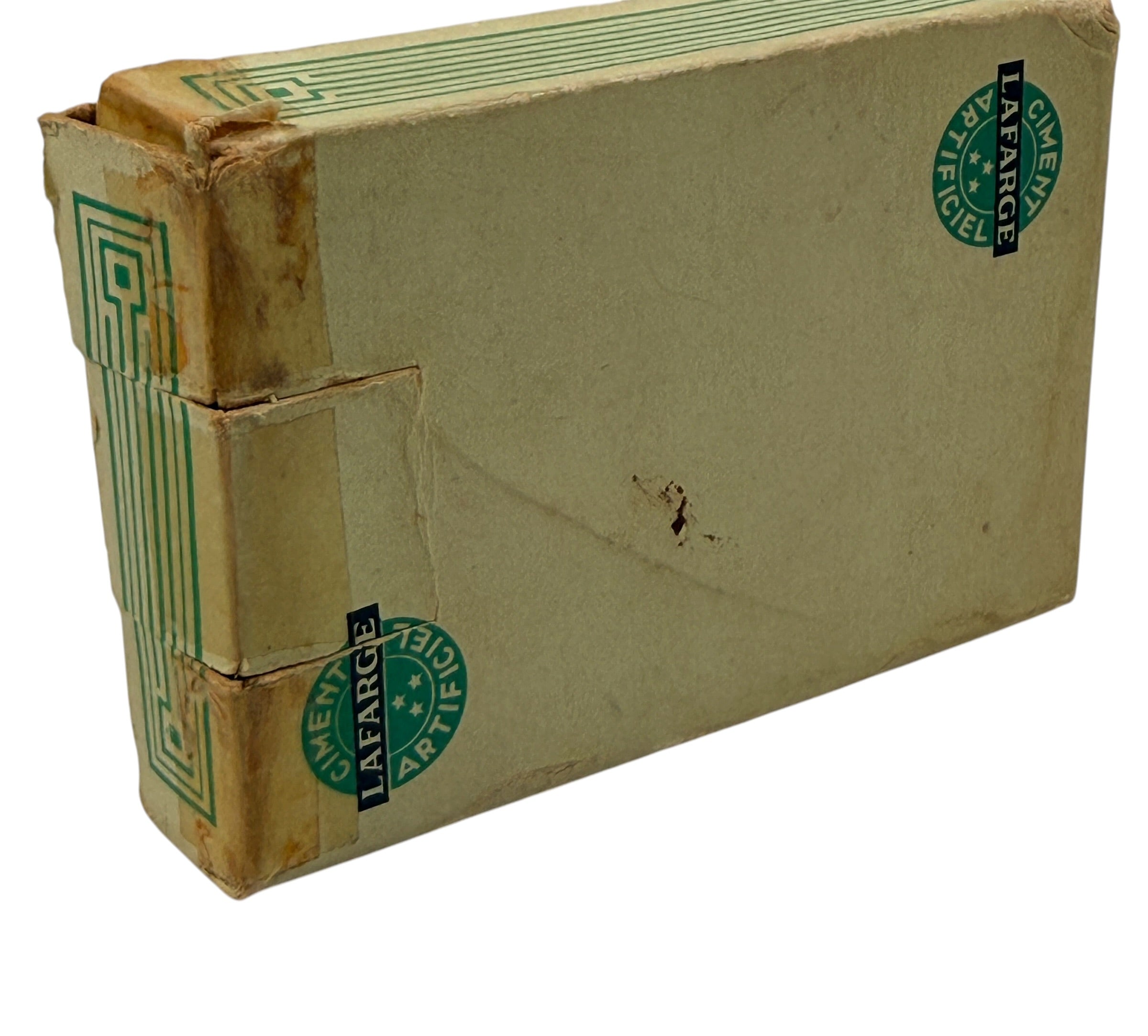 Vintage Lafarge French playing cards advertising deck with joker and original box. Mid-century collectible industrial promo cards in usable condition.