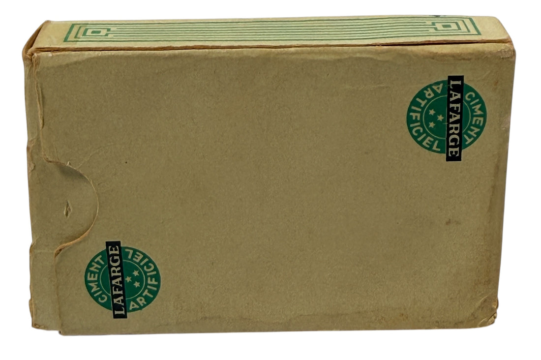 Vintage Lafarge French playing cards advertising deck with joker and original box. Mid-century collectible industrial promo cards in usable condition.