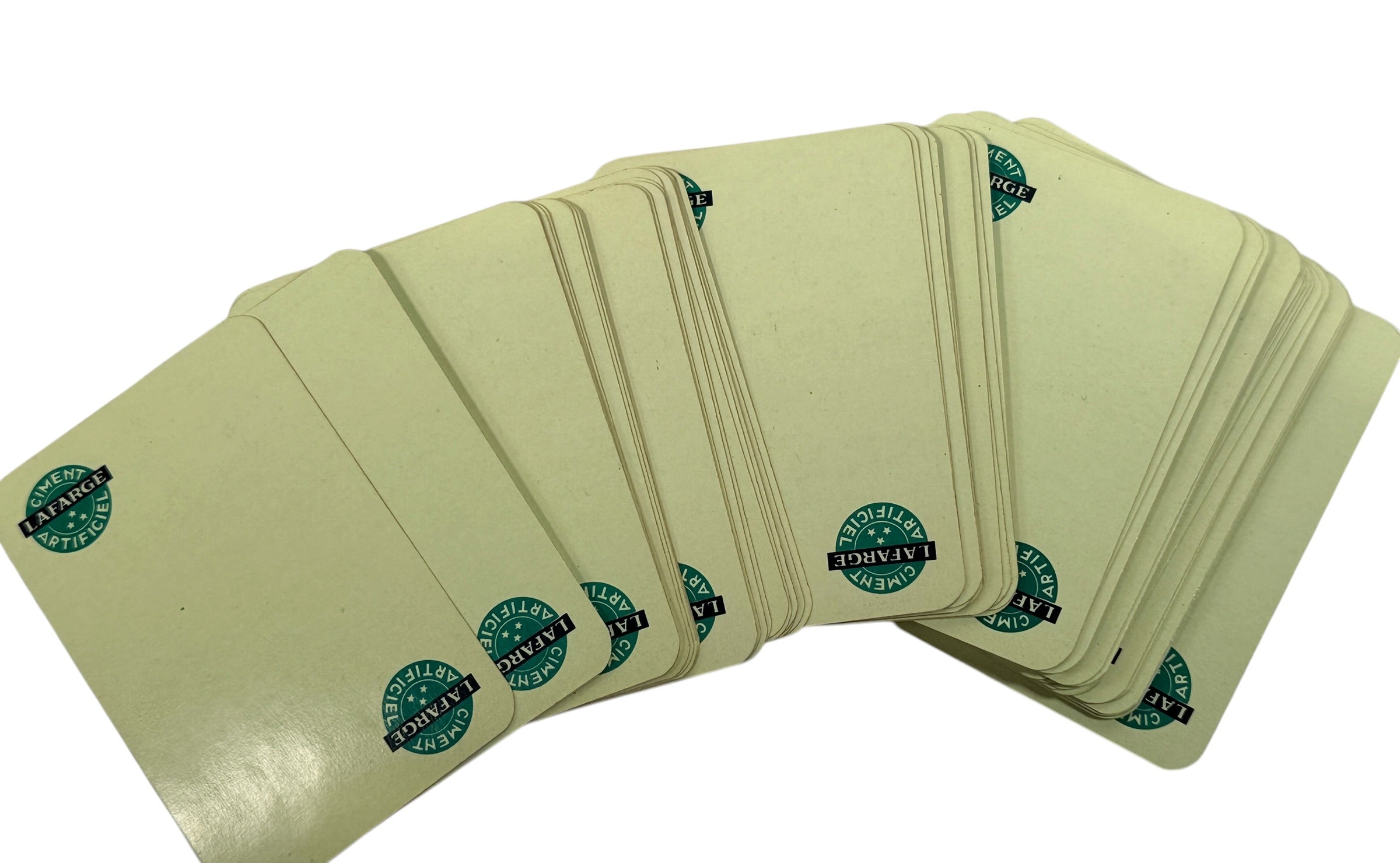 Vintage Lafarge French playing cards advertising deck with joker and original box. Mid-century collectible industrial promo cards in usable condition.
