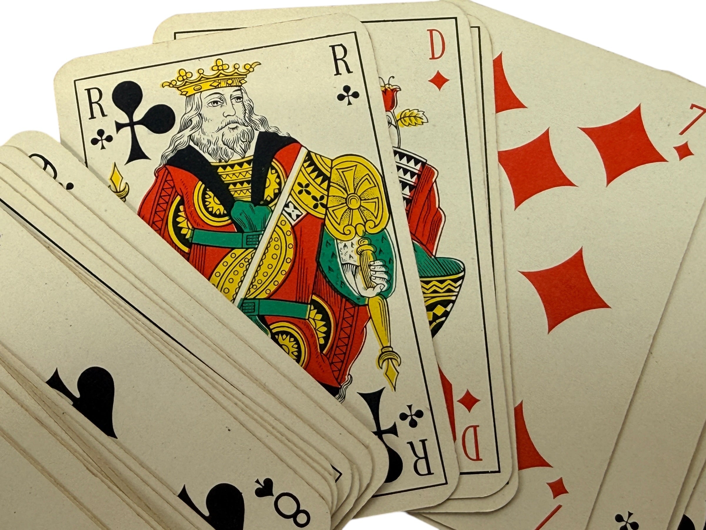 Vintage Lafarge French playing cards advertising deck with joker and original box. Mid-century collectible industrial promo cards in usable condition.