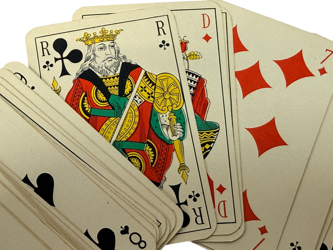 Vintage Lafarge French playing cards advertising deck with joker and original box. Mid-century collectible industrial promo cards in usable condition.