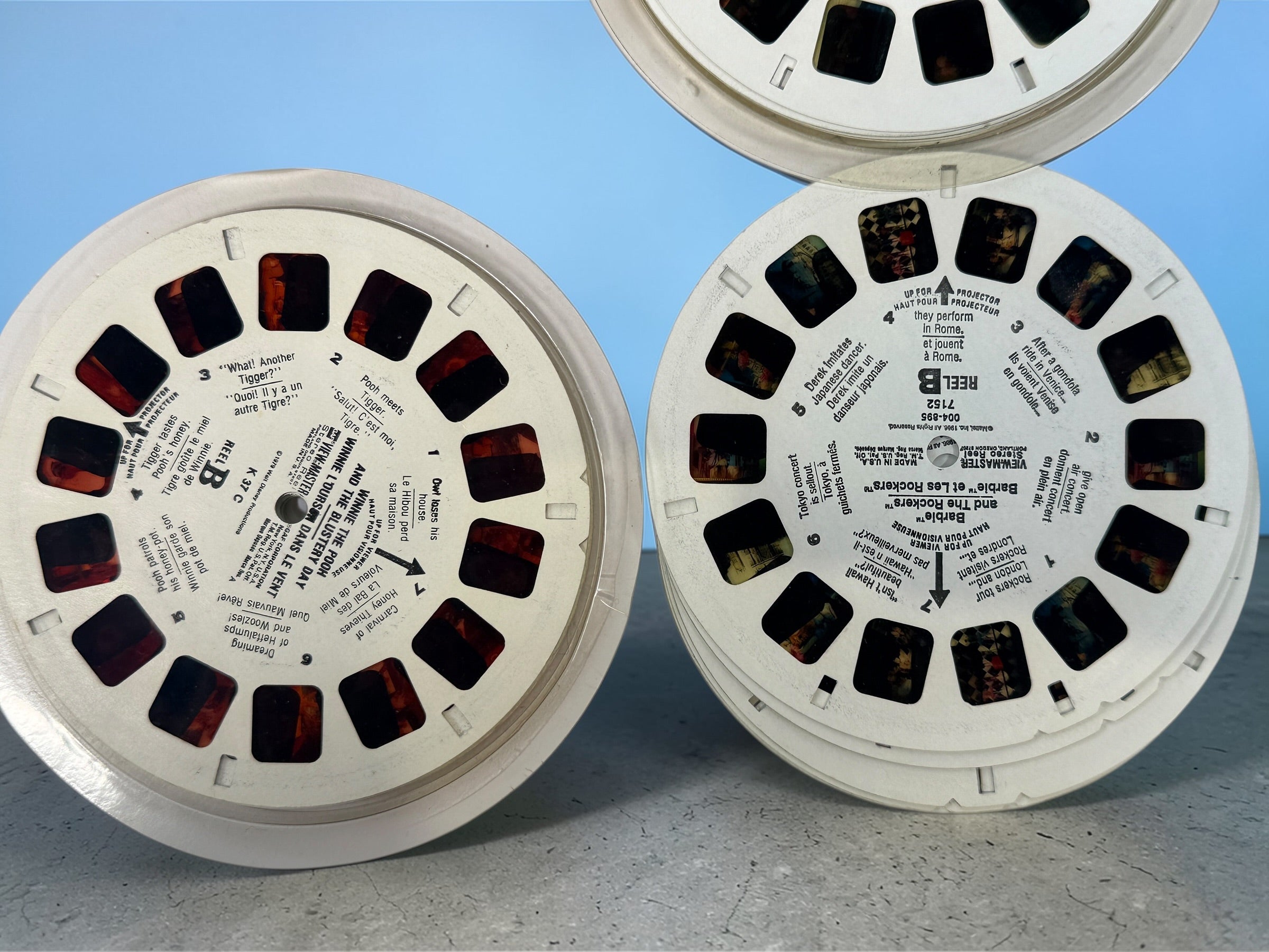 Vintage 1970s GAF View-Master Disney Gift Pak with viewer and reels. Classic 3D toy set with original canister, great collectible condition.