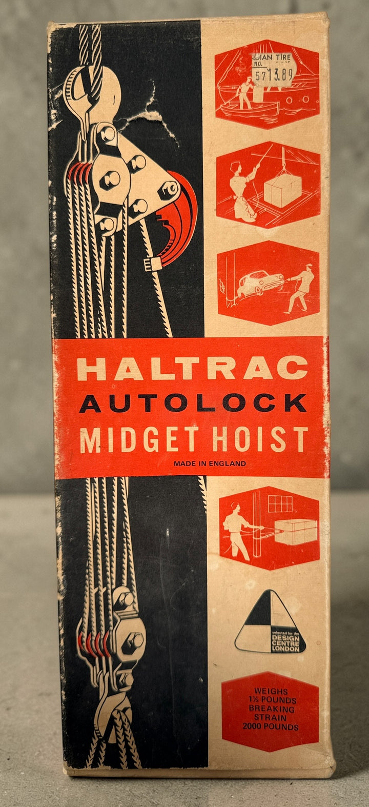 Vintage Haltrac Midget Hoist Model 44A 8ft lift boxed NOS England block and tackle pulley hoist with rope instructions compact workshop tool.