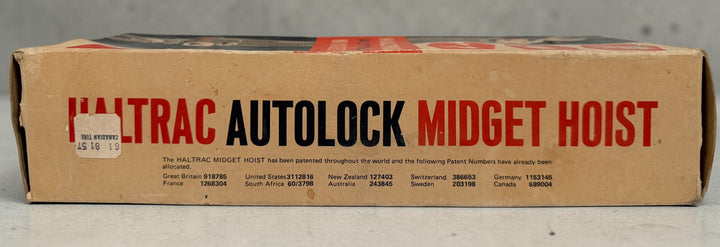 Vintage Haltrac Midget Hoist Model 44A 8ft lift boxed NOS England block and tackle pulley hoist with rope instructions compact workshop tool.
