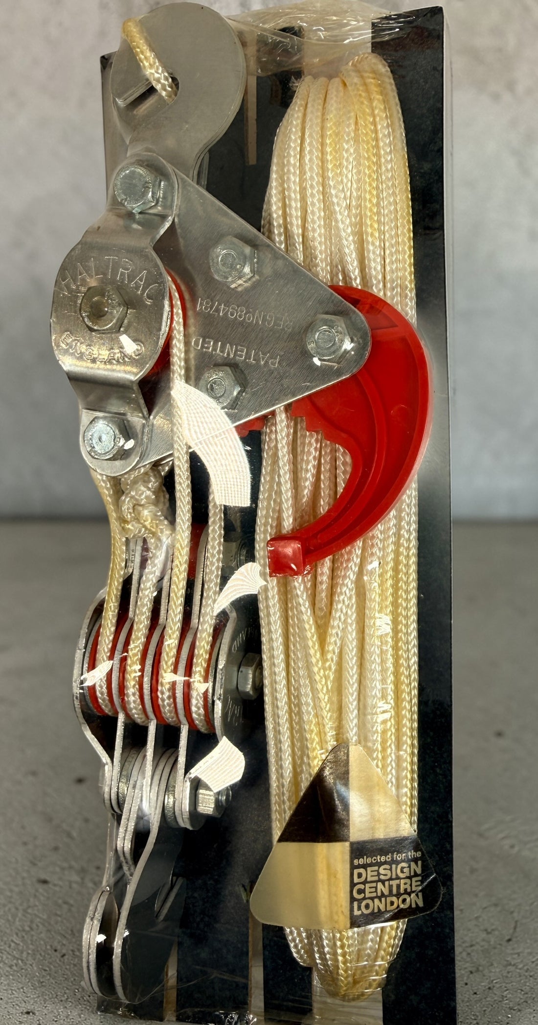 Vintage Haltrac Midget Hoist Model 44A 8ft lift boxed NOS England block and tackle pulley hoist with rope instructions compact workshop tool.