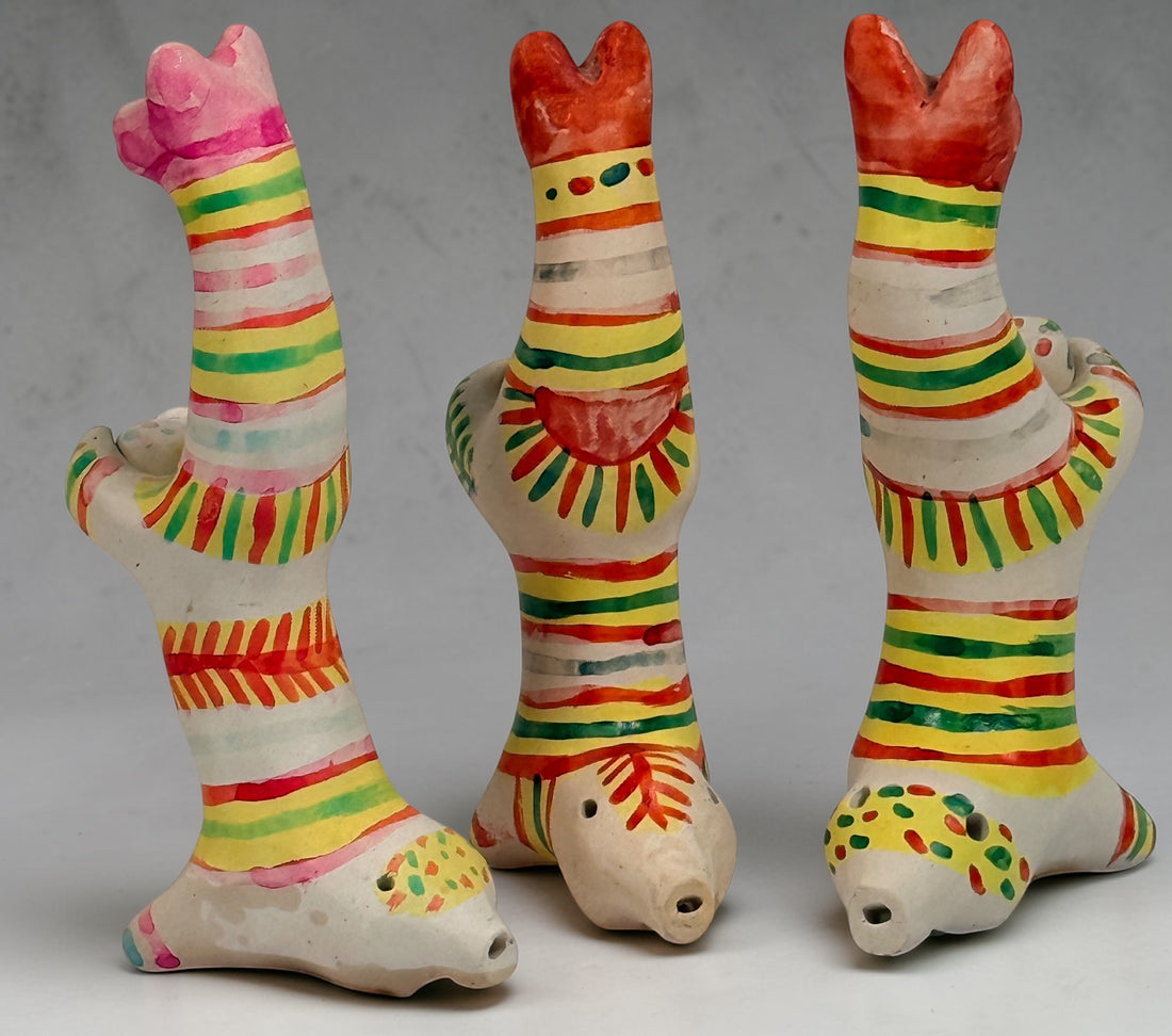 Vintage Russian folk art clay whistles set of 3, Tula style hand painted ceramic animal figurines, collectible decorative whistles, Eastern European pottery