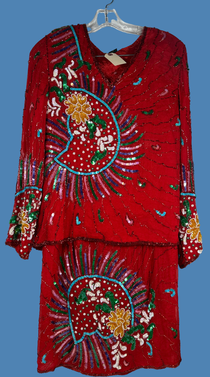 Vintage 80s Arin Couture Silk Beaded Set – Red Paisley Sequins, India