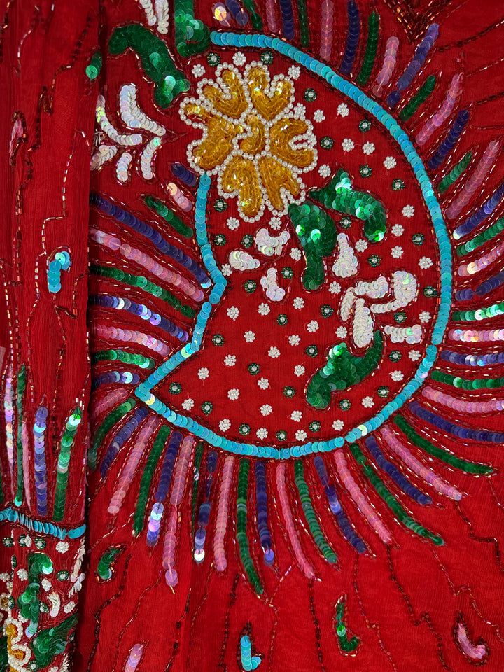 Vintage 80s Arin Couture Silk Beaded Set – Red Paisley Sequins, India