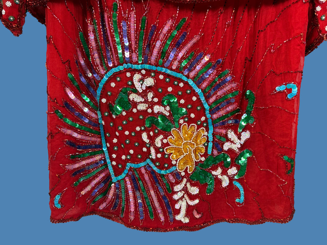 Vintage 80s Arin Couture Silk Beaded Set – Red Paisley Sequins, India