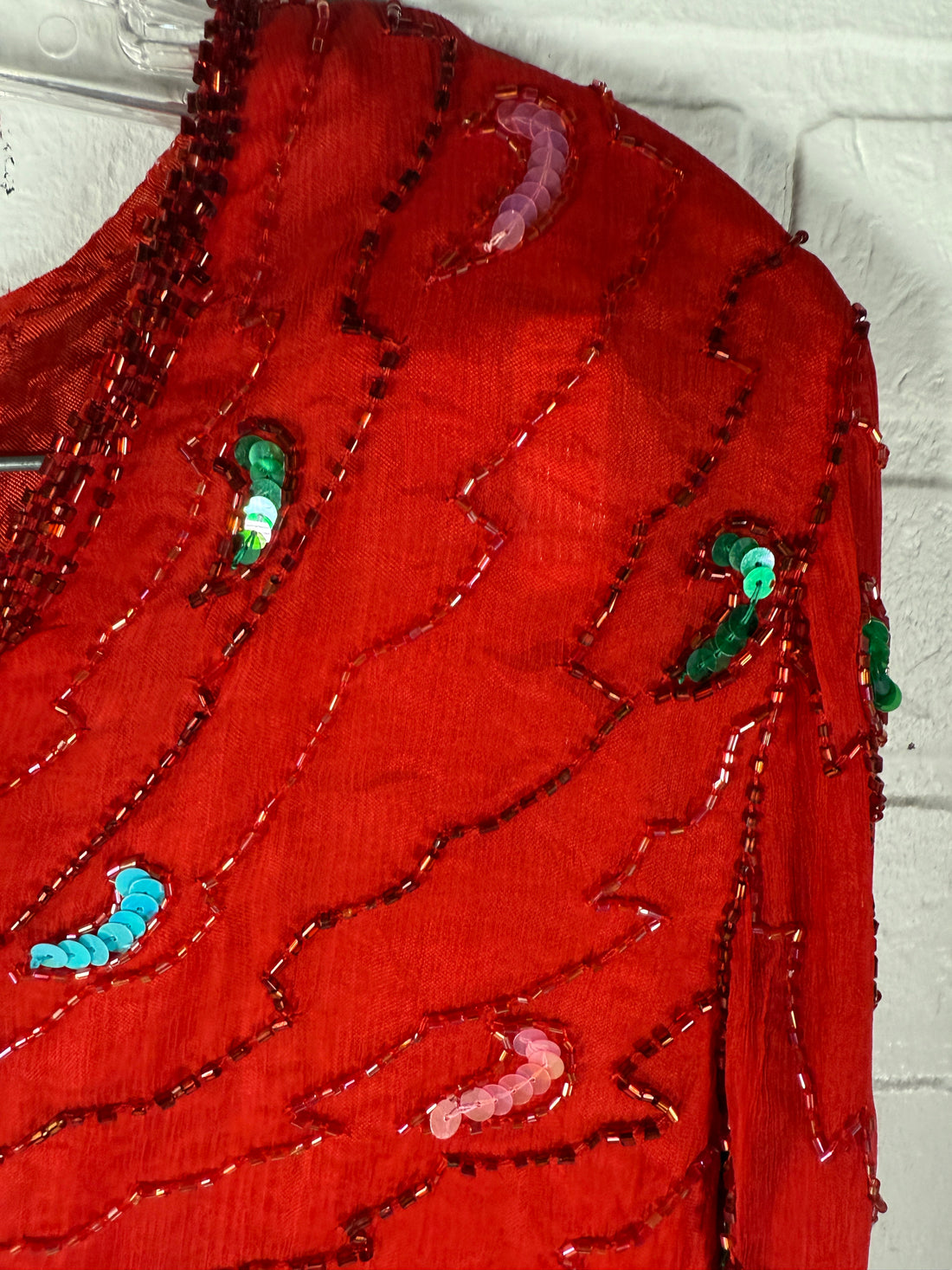 Vintage 80s Arin Couture Silk Beaded Set – Red Paisley Sequins, India