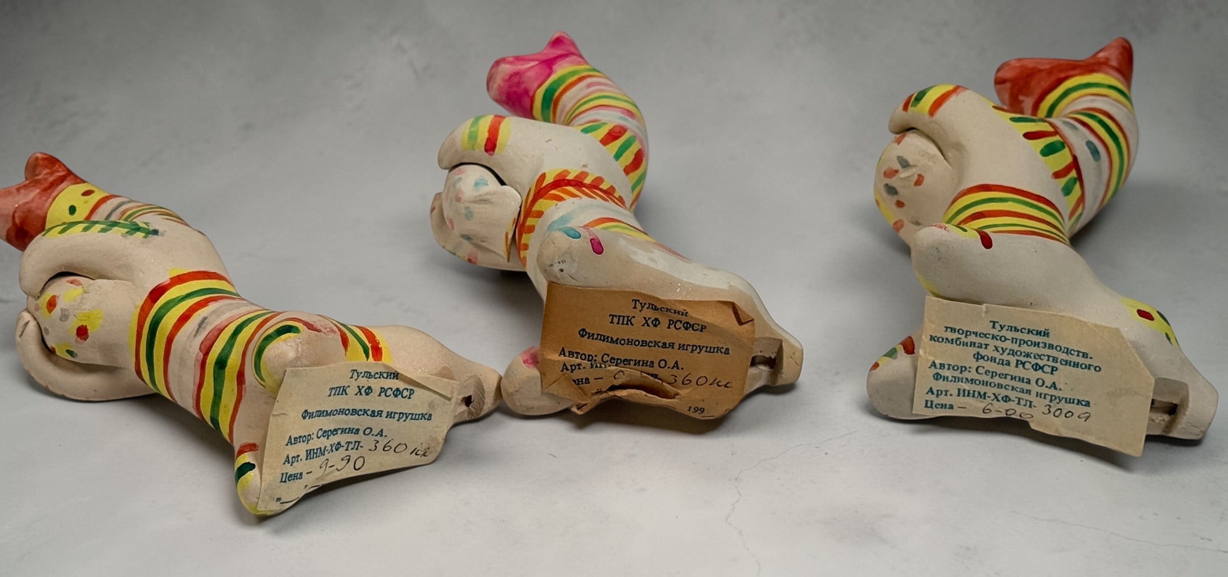 Vintage Russian folk art clay whistles set of 3, Tula style hand painted ceramic animal figurines, collectible decorative whistles, Eastern European pottery
