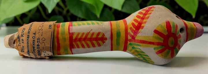 Authentic Filimonovo clay whistle by Seregina O.A. Soviet-era Russian folk art bird figurine with original label, hand-painted collectible pottery.