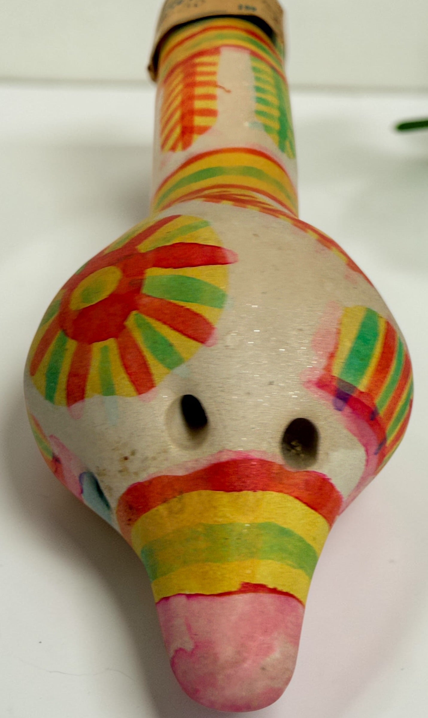 Authentic Filimonovo clay whistle by Seregina O.A. Soviet-era Russian folk art bird figurine with original label, hand-painted collectible pottery.