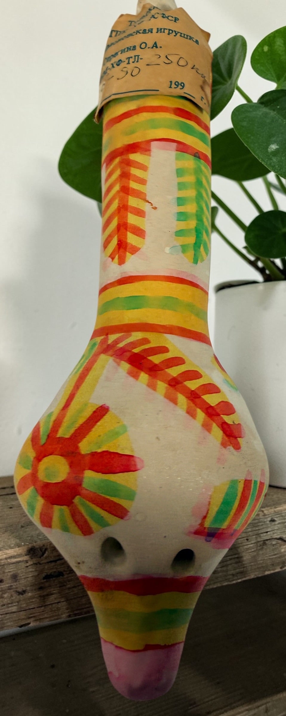 Authentic Filimonovo clay whistle by Seregina O.A. Soviet-era Russian folk art bird figurine with original label, hand-painted collectible pottery.