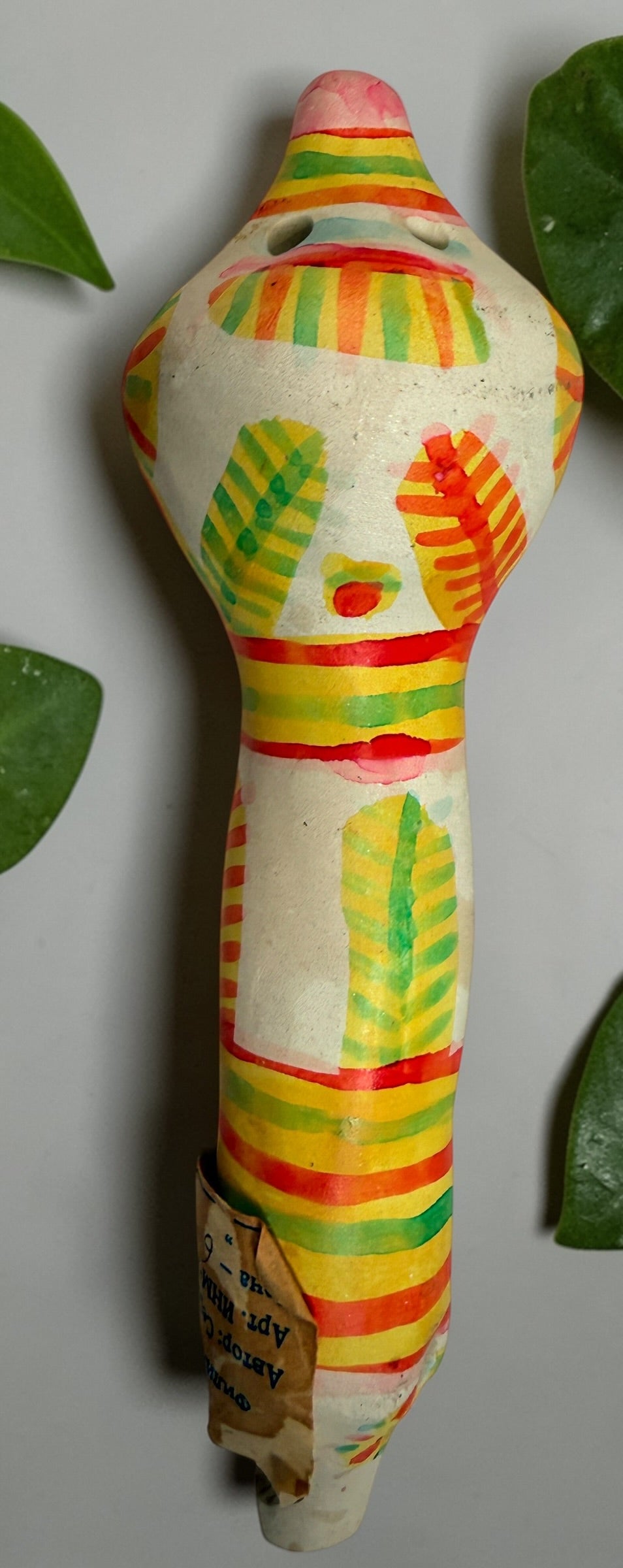 Authentic Filimonovo clay whistle by Seregina O.A. Soviet-era Russian folk art bird figurine with original label, hand-painted collectible pottery.